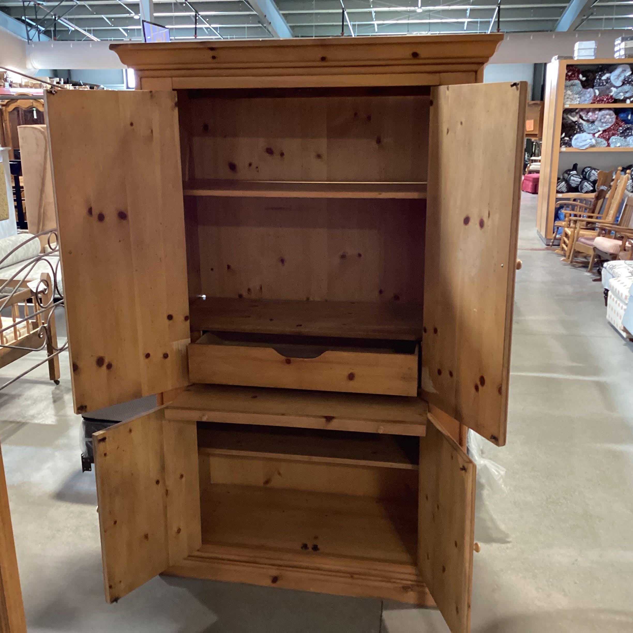 Solid Pine 4 Door Shelves & Drawer Middle Pullout Armoire