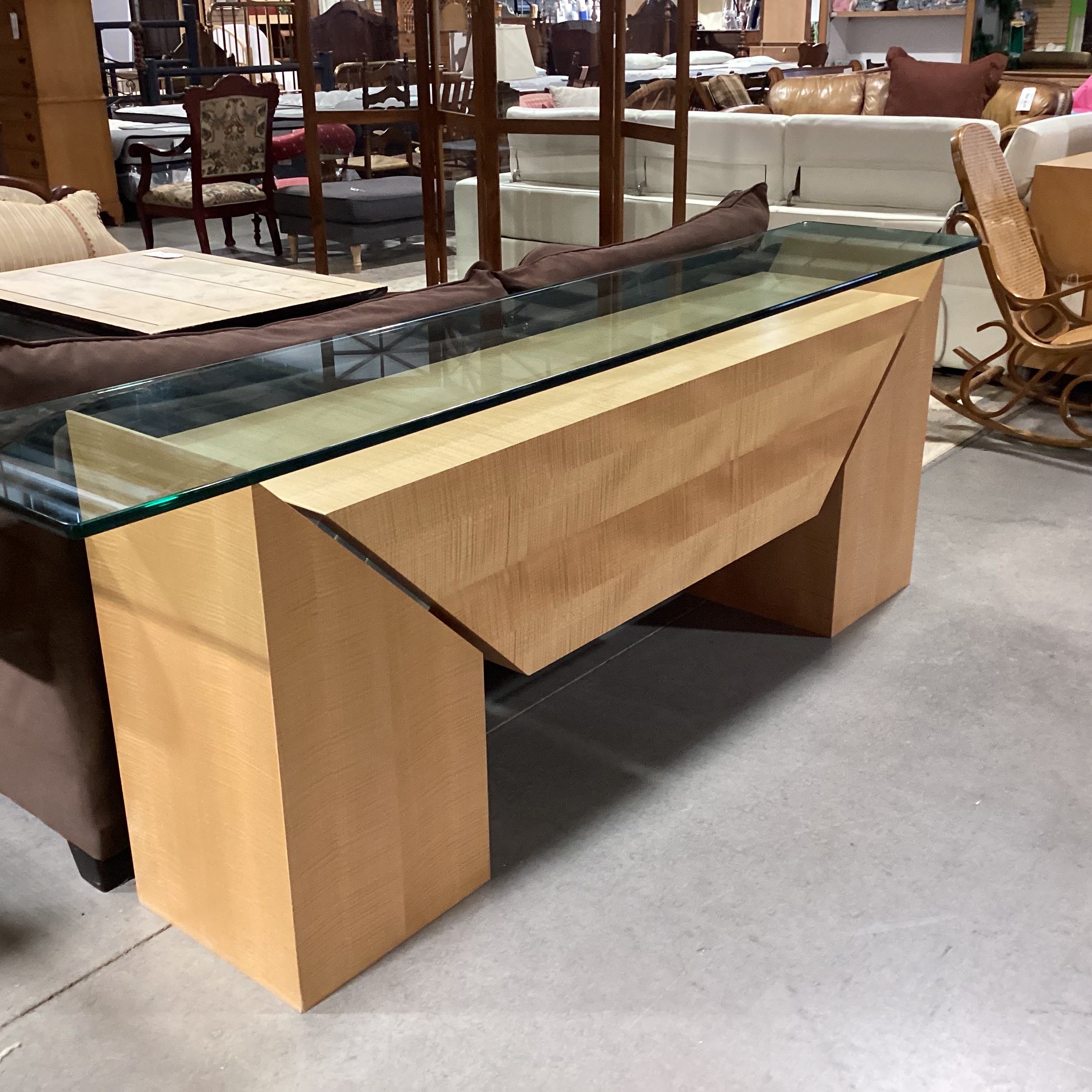 Custom Glass Top Maple Veneer Modern Console Table