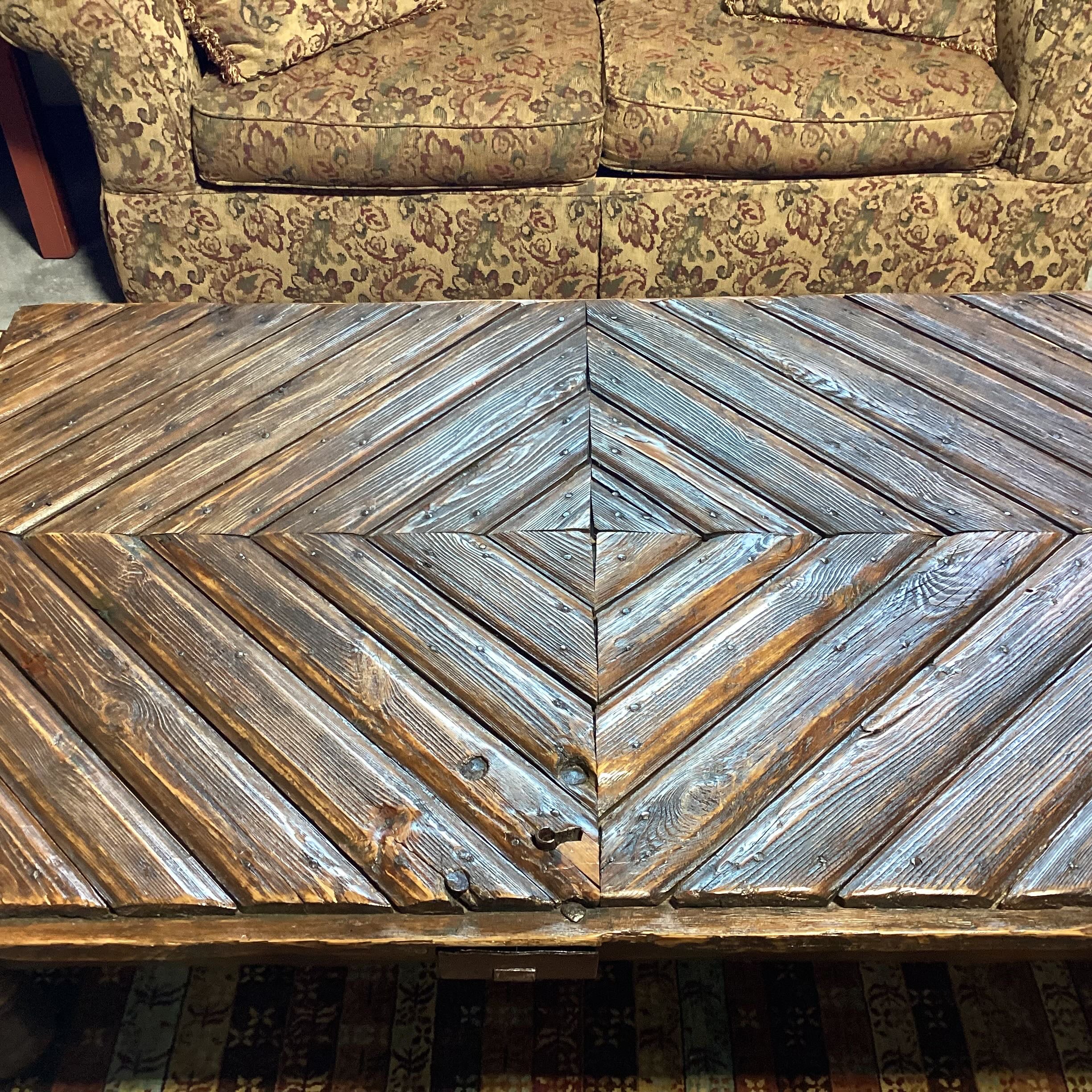 Antique Carved Wood Diamond Plank Door Coffee Table