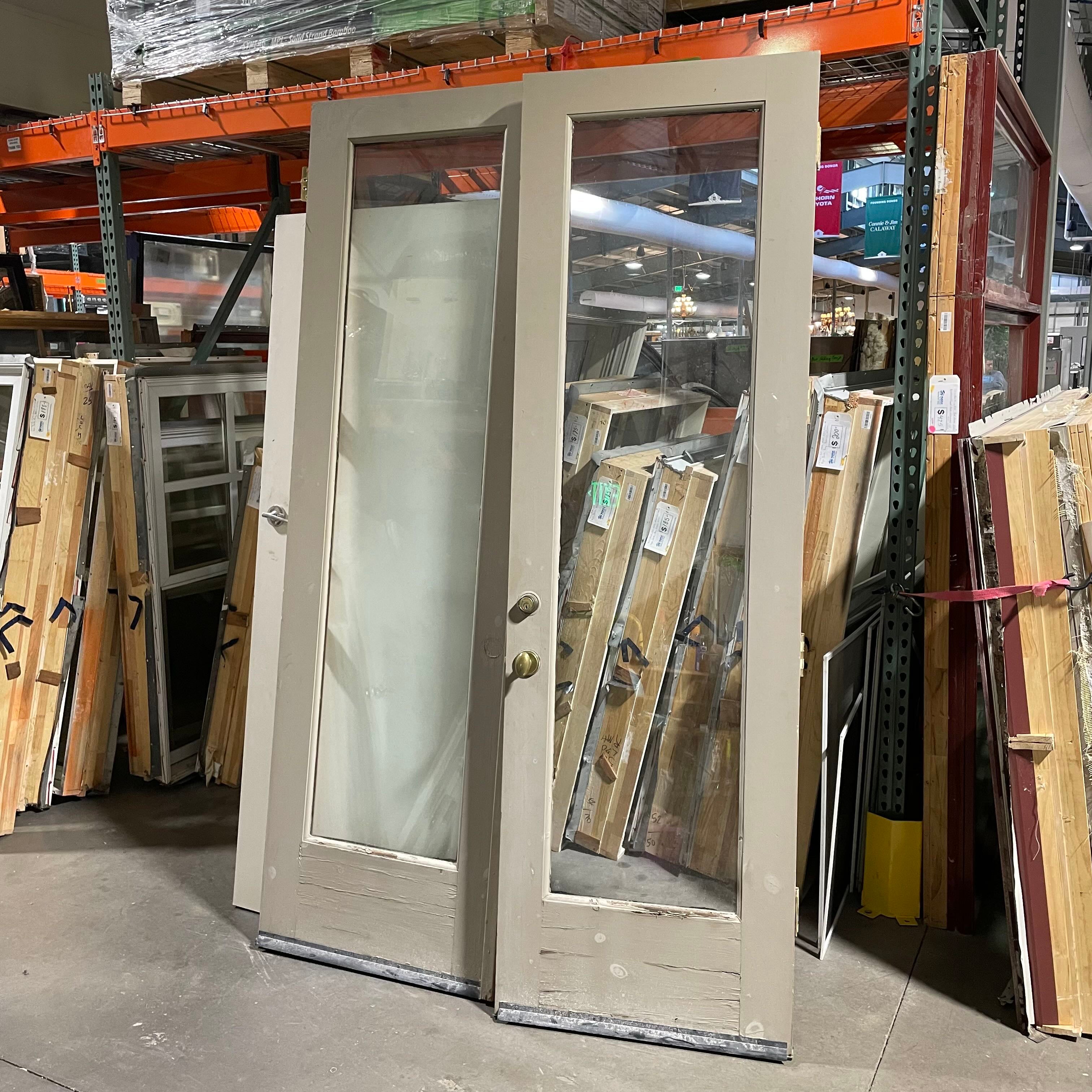 One Glass Panel Each Painted Gray One Side Natural Pine Other Side Wood Exterior French Door