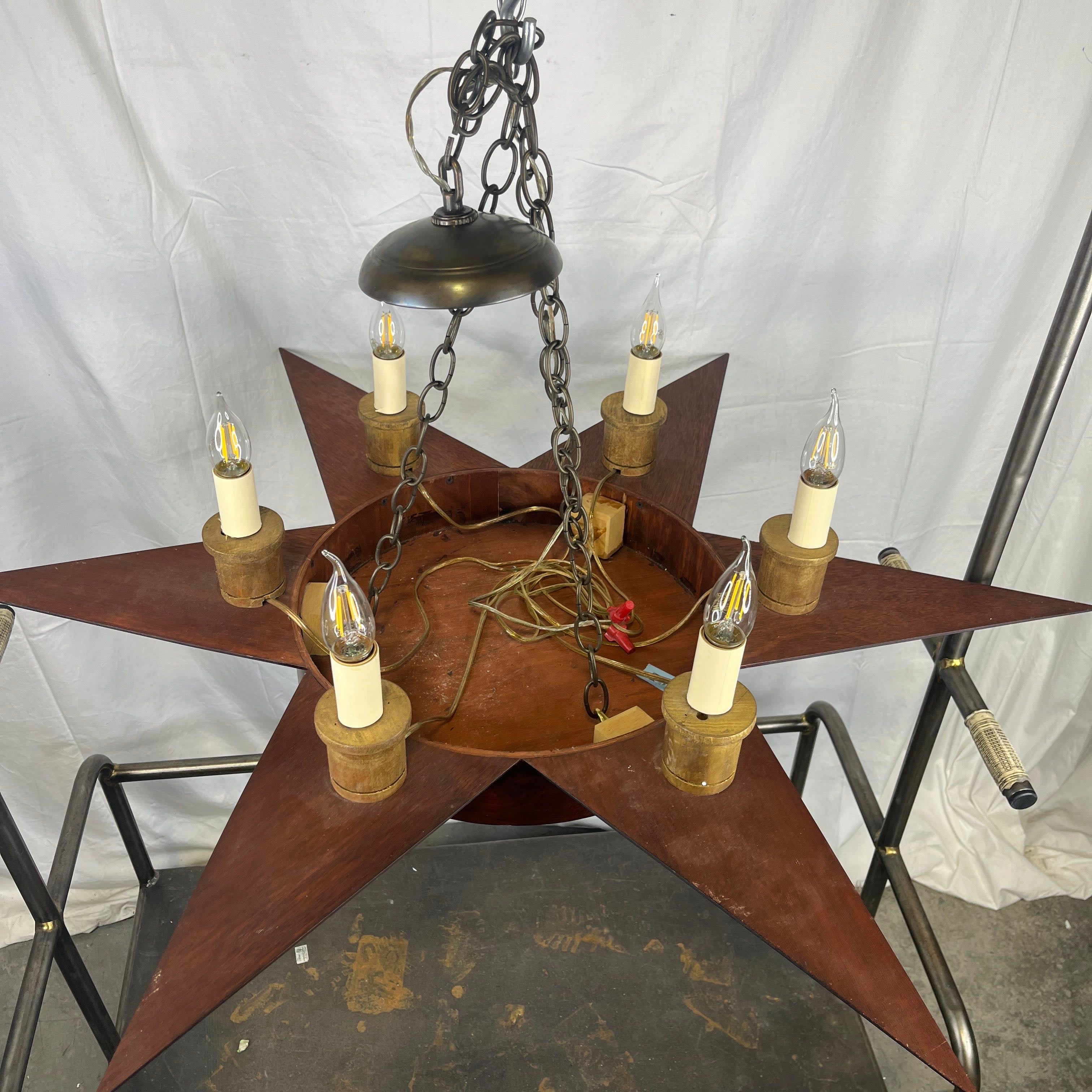 Folk Art Style 6 Light Copper Brushed Wooden Star with Gold Accents Chandelier