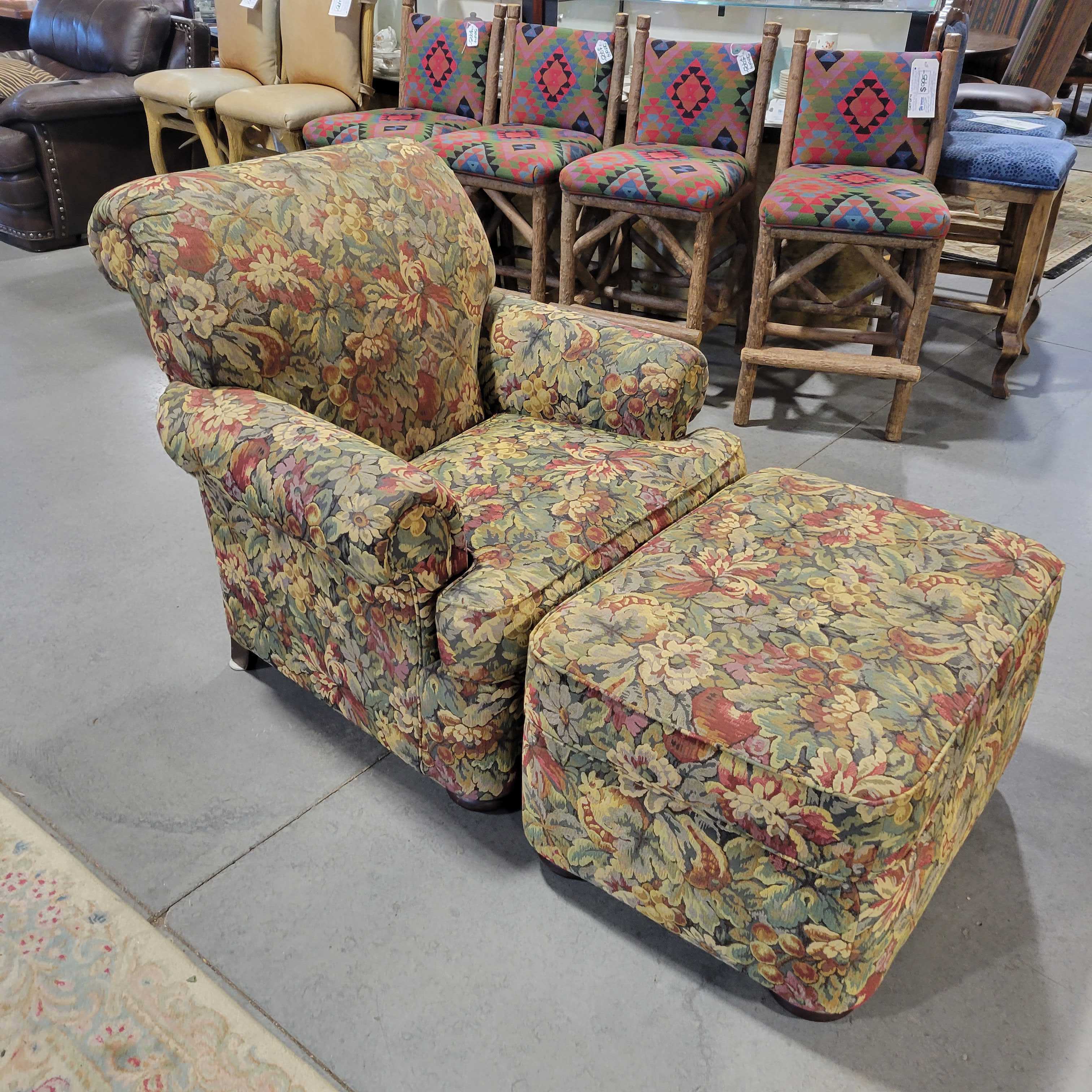 Henredon Green Red Gold Floral with Ottoman Chair