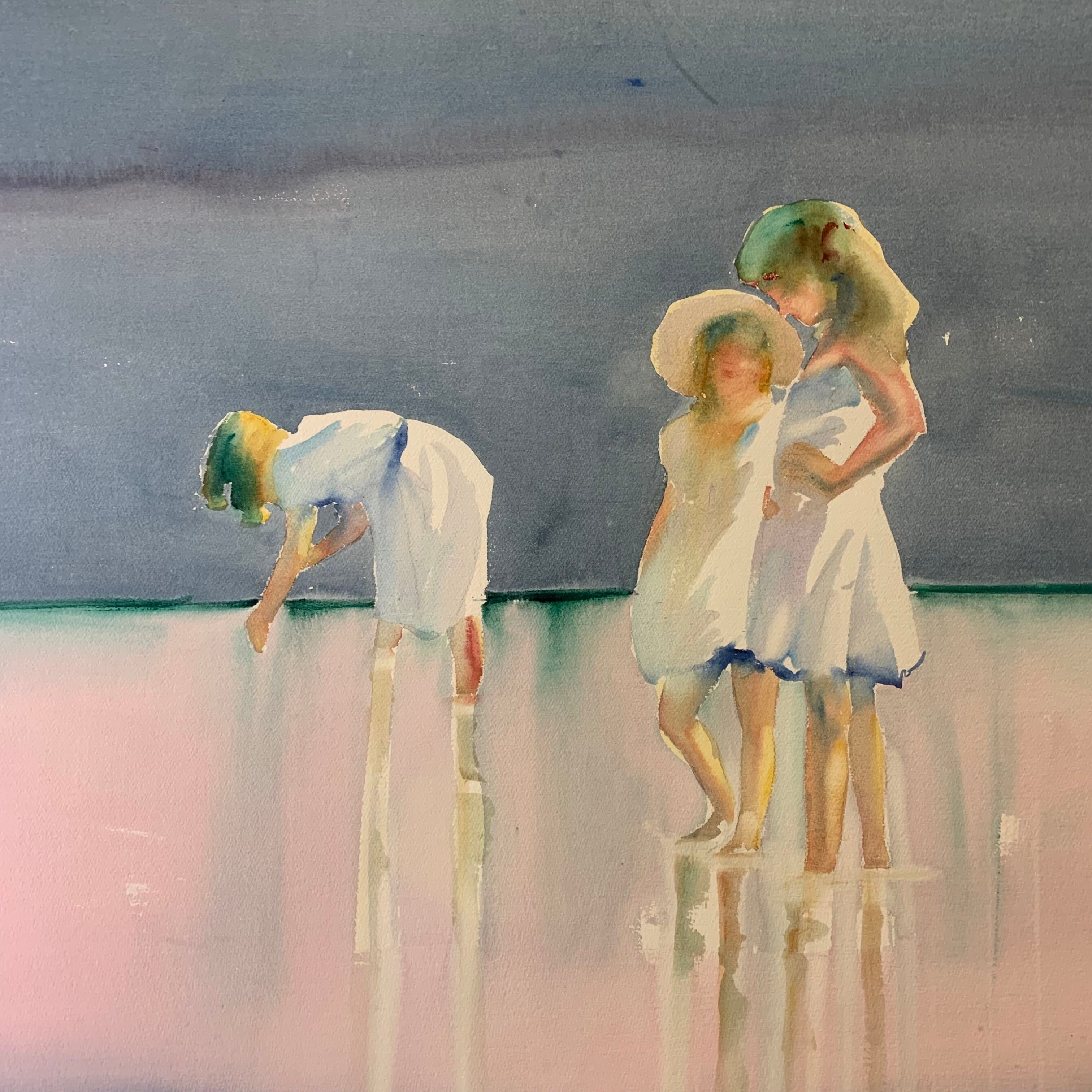 71.5"x 51.5" Three Girl on the Beach by Unknown Artist Framed Original Watercolor