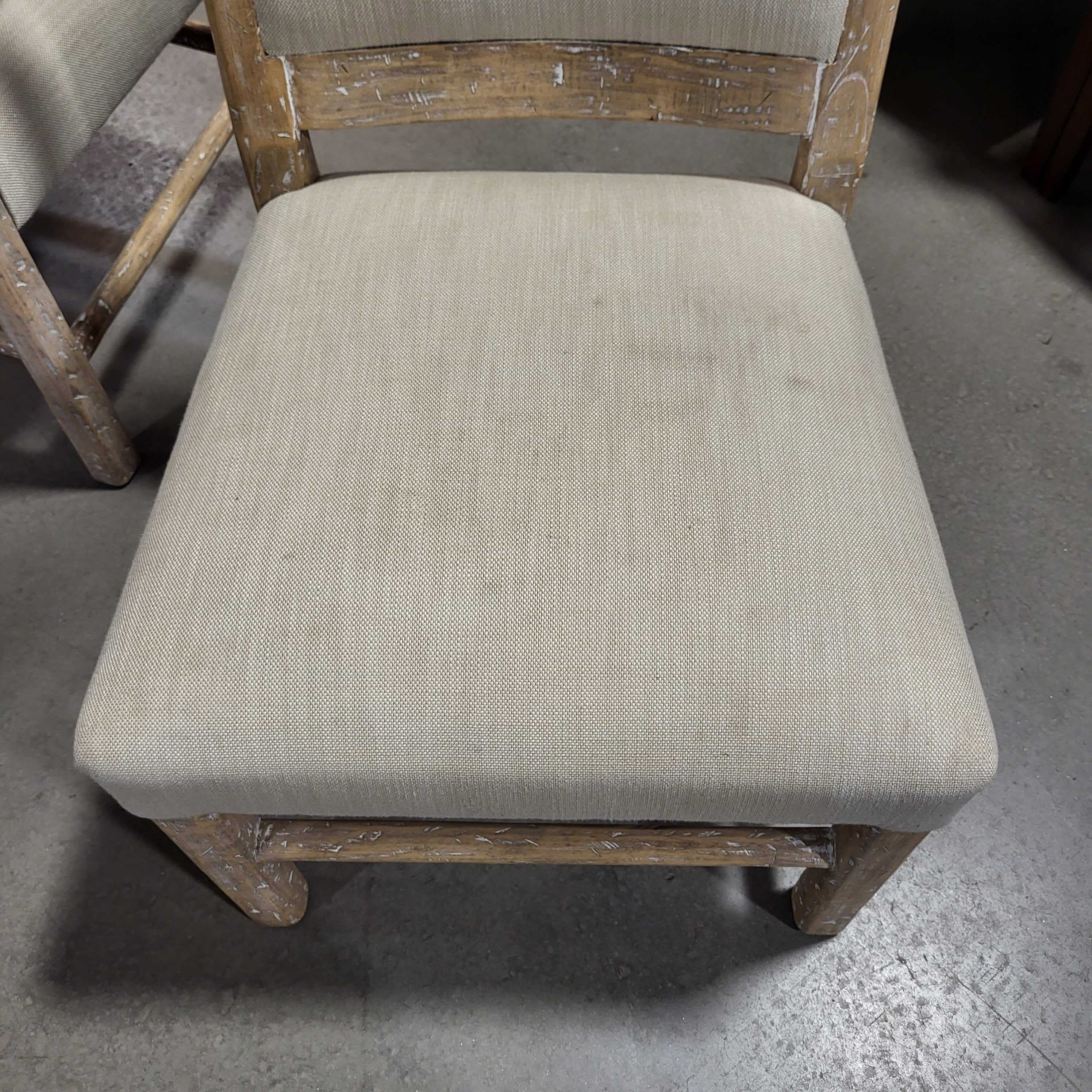 Set of 6 White Washed Wood and Linen Dining Chairs