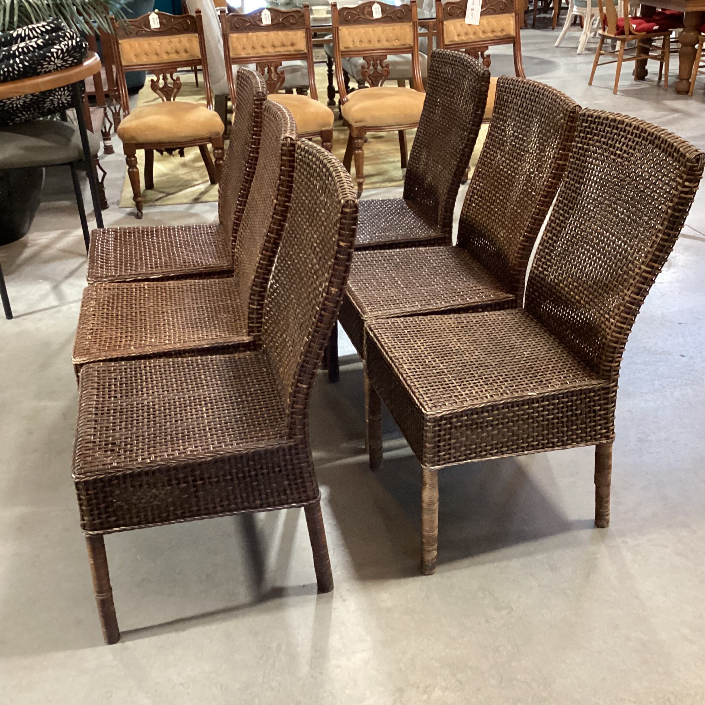 Set of 6 Wood and Wicker Woven Dining Chairs