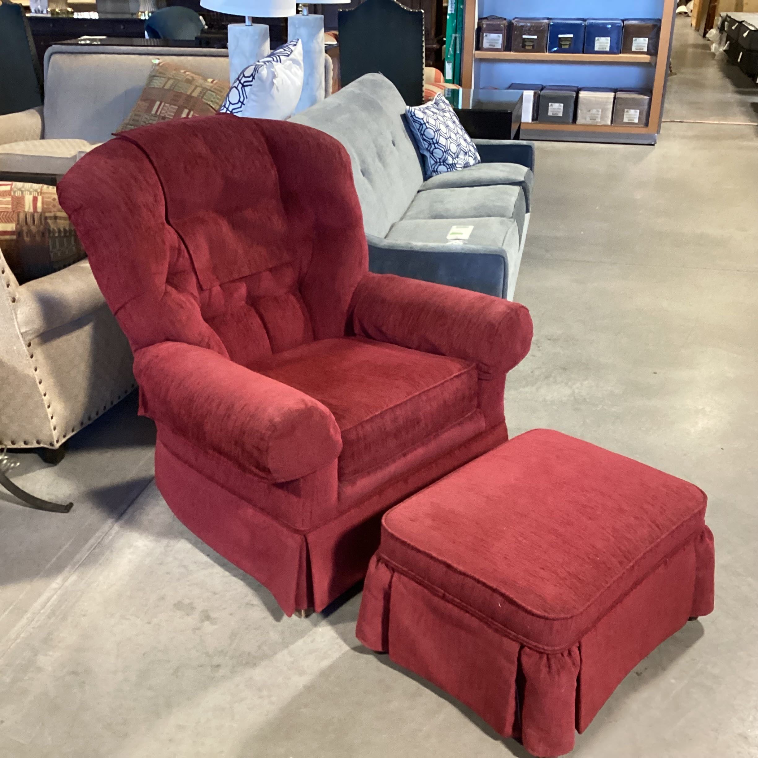 Burgundy Tufted Back with Ottoman Rolled Arm Chair