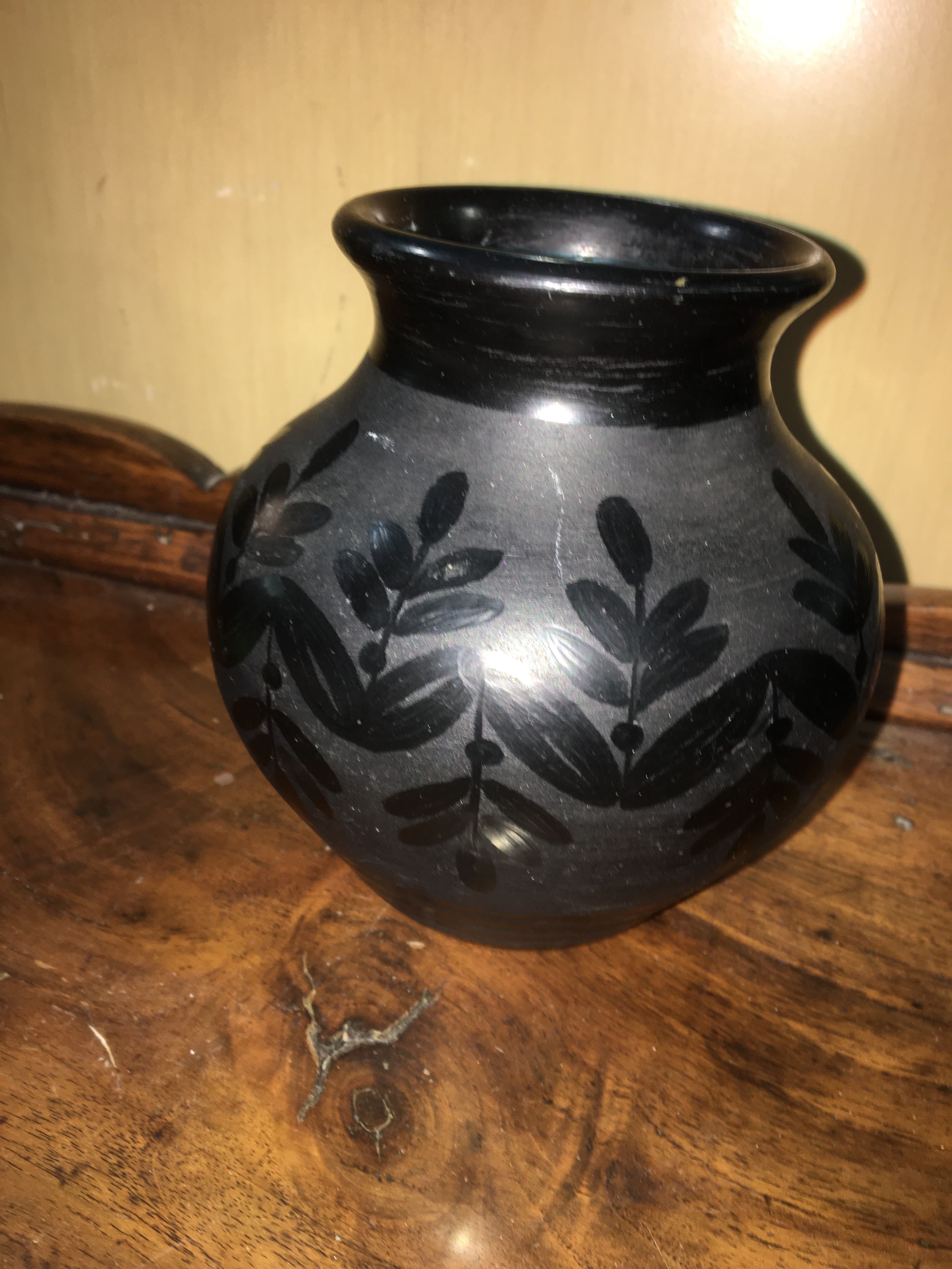 Black with Floral Detail Signed by Artist Ceramic Vase