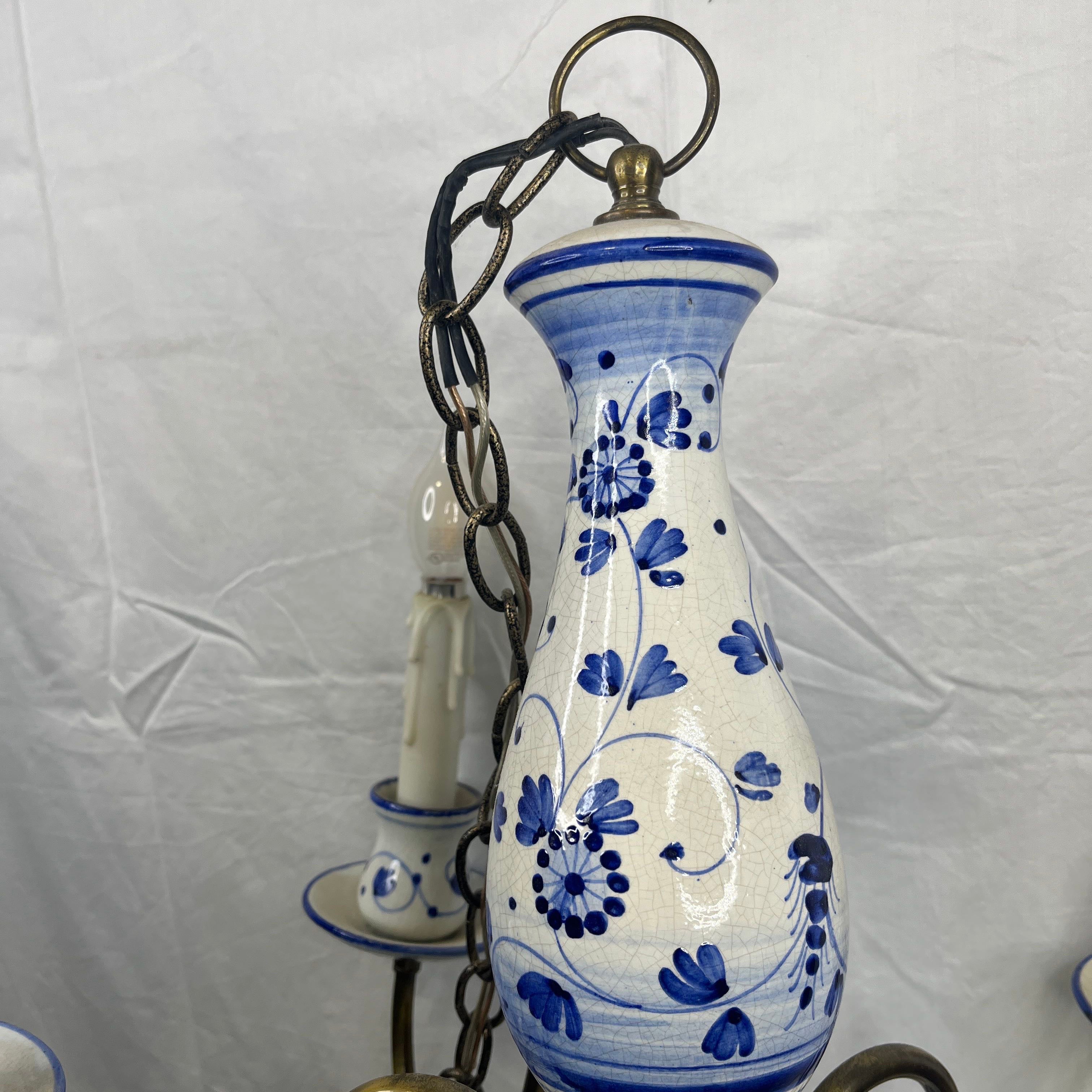 Vintage 5 Arm Delft Blue and White Ceramic Chandelier