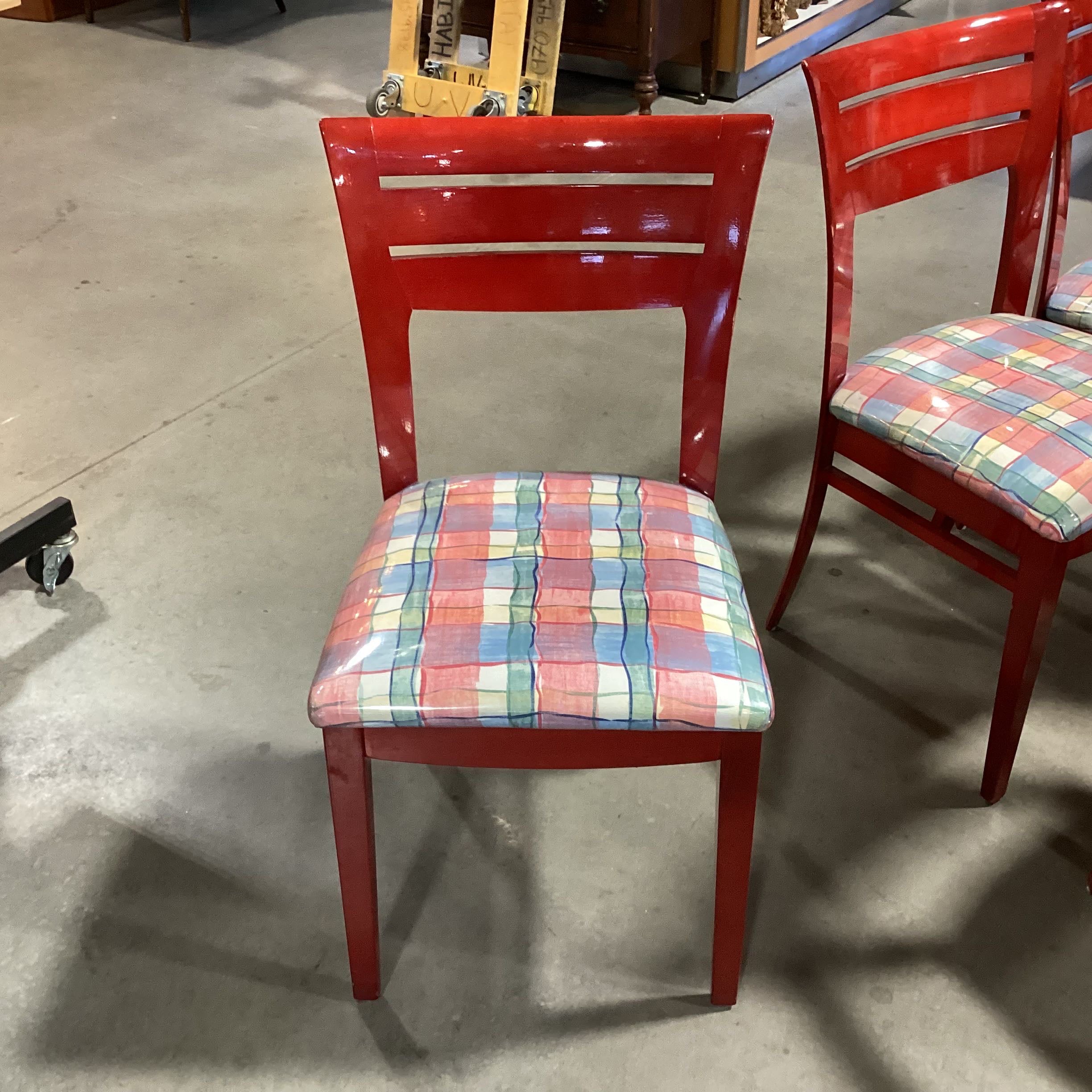 Set of 6 Red Lacquer and Chintz Plaid with Plastic Cover Dining Chairs