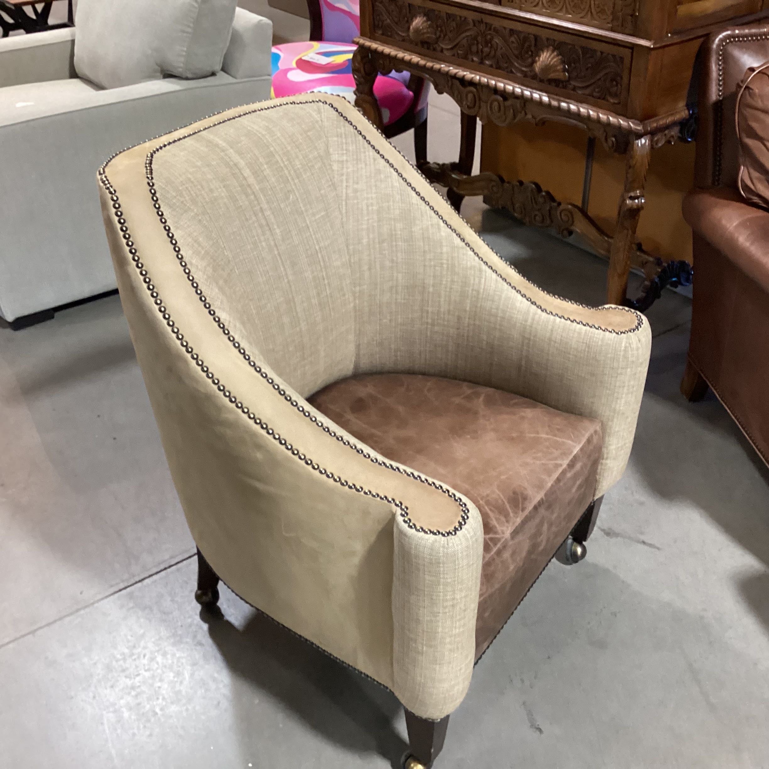 Linen Leather Nailhead On Casters Chair