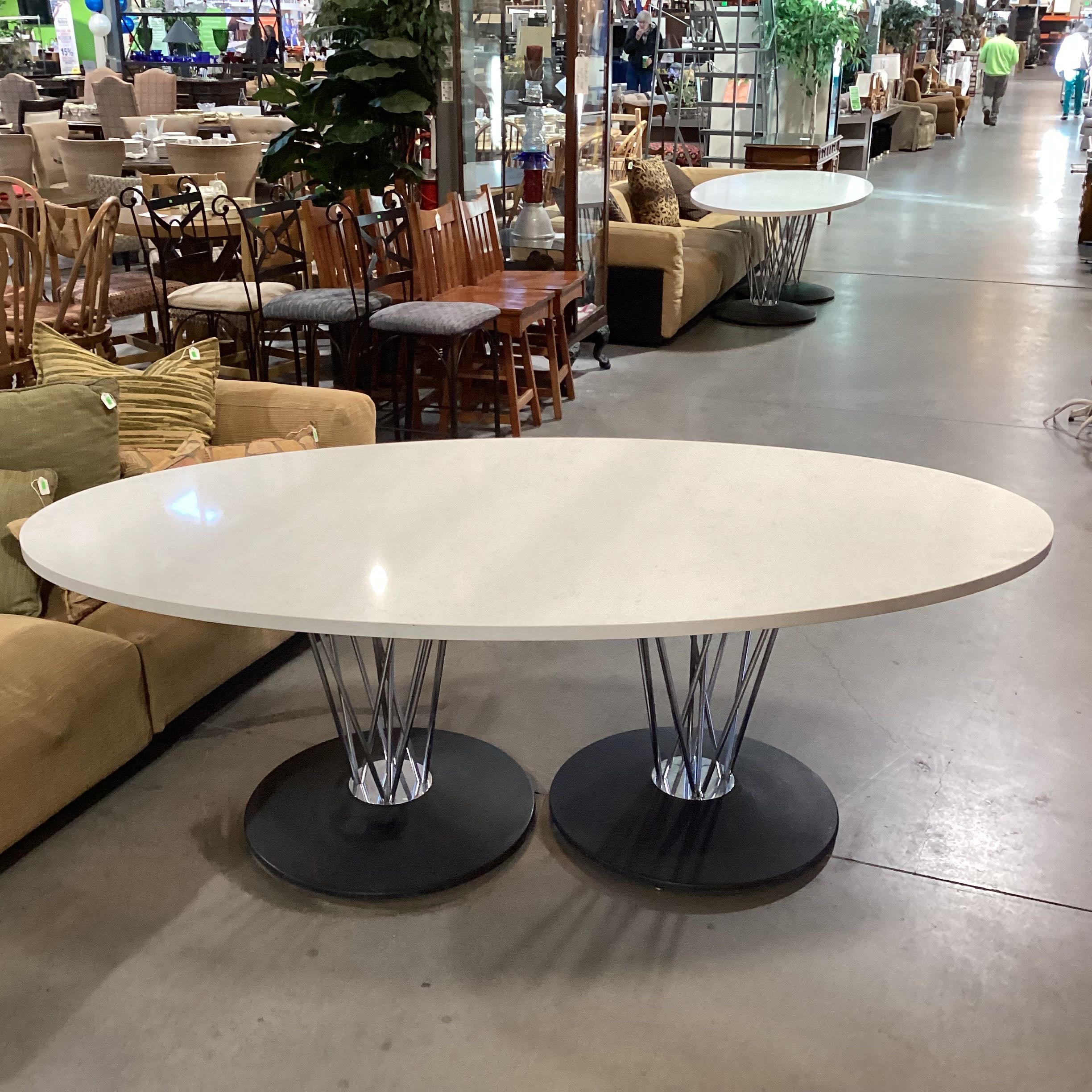 LeLand International Oval White Granite Chrome Rod Double Pedestal Dining Table