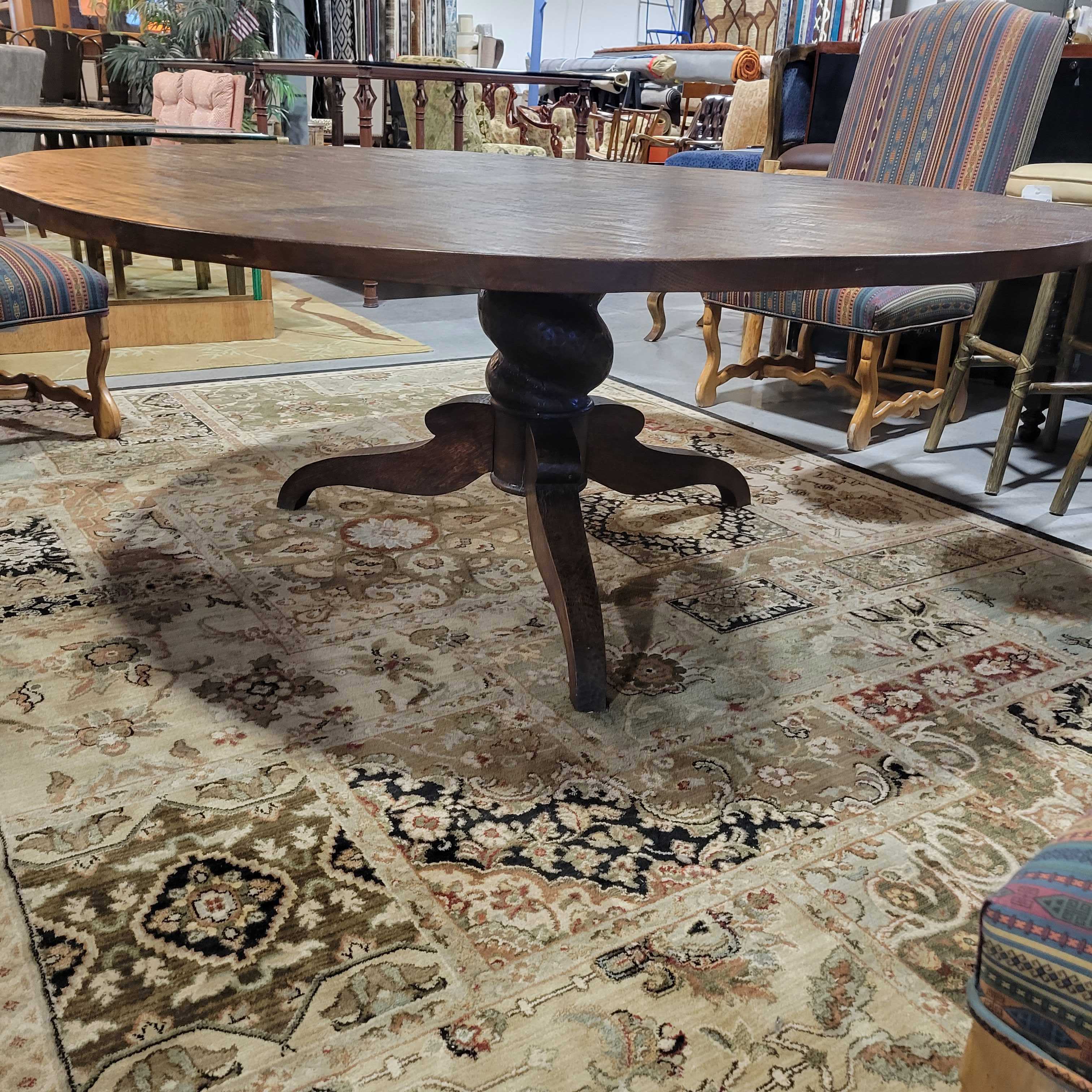 Round Carved Distressed Wood Thick Spiral Pedestal Dining Table