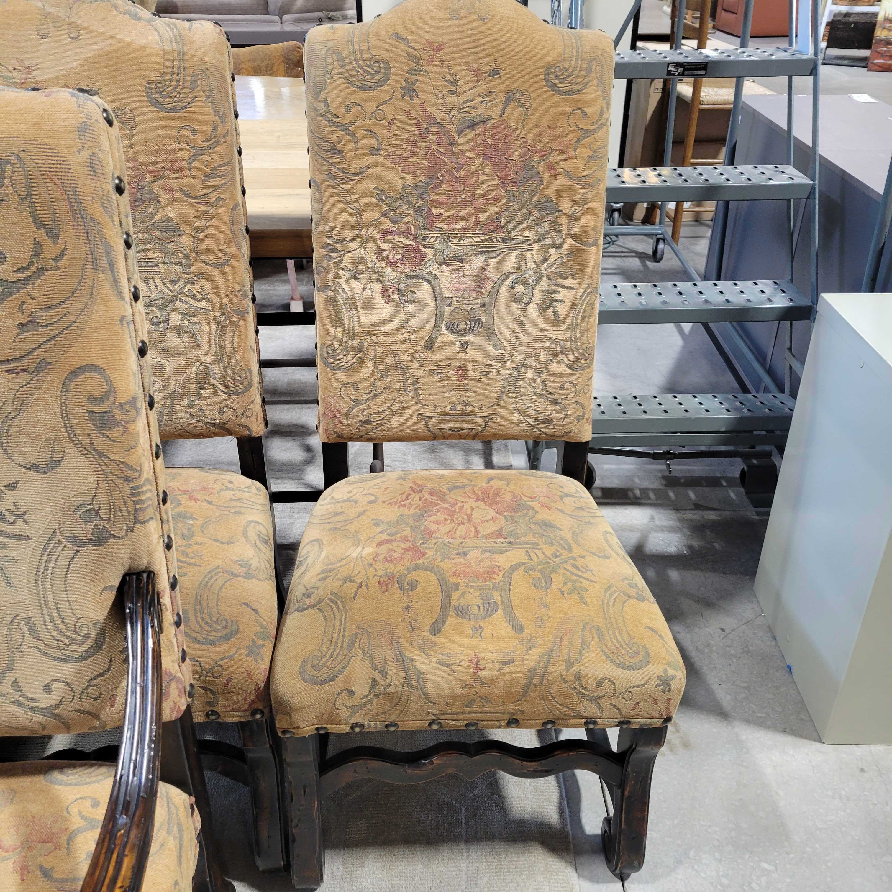 Set of 6 Carved Dark Finish Wood and Floral Upholstered Dining Chairs