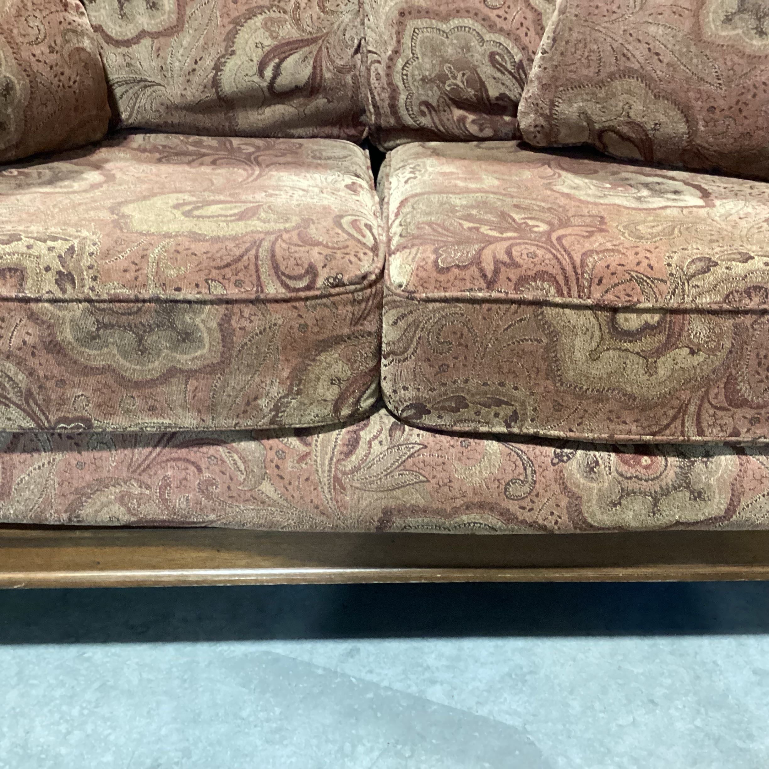 Brown Paisley & Carved Wood Detail Loveseat Sofa