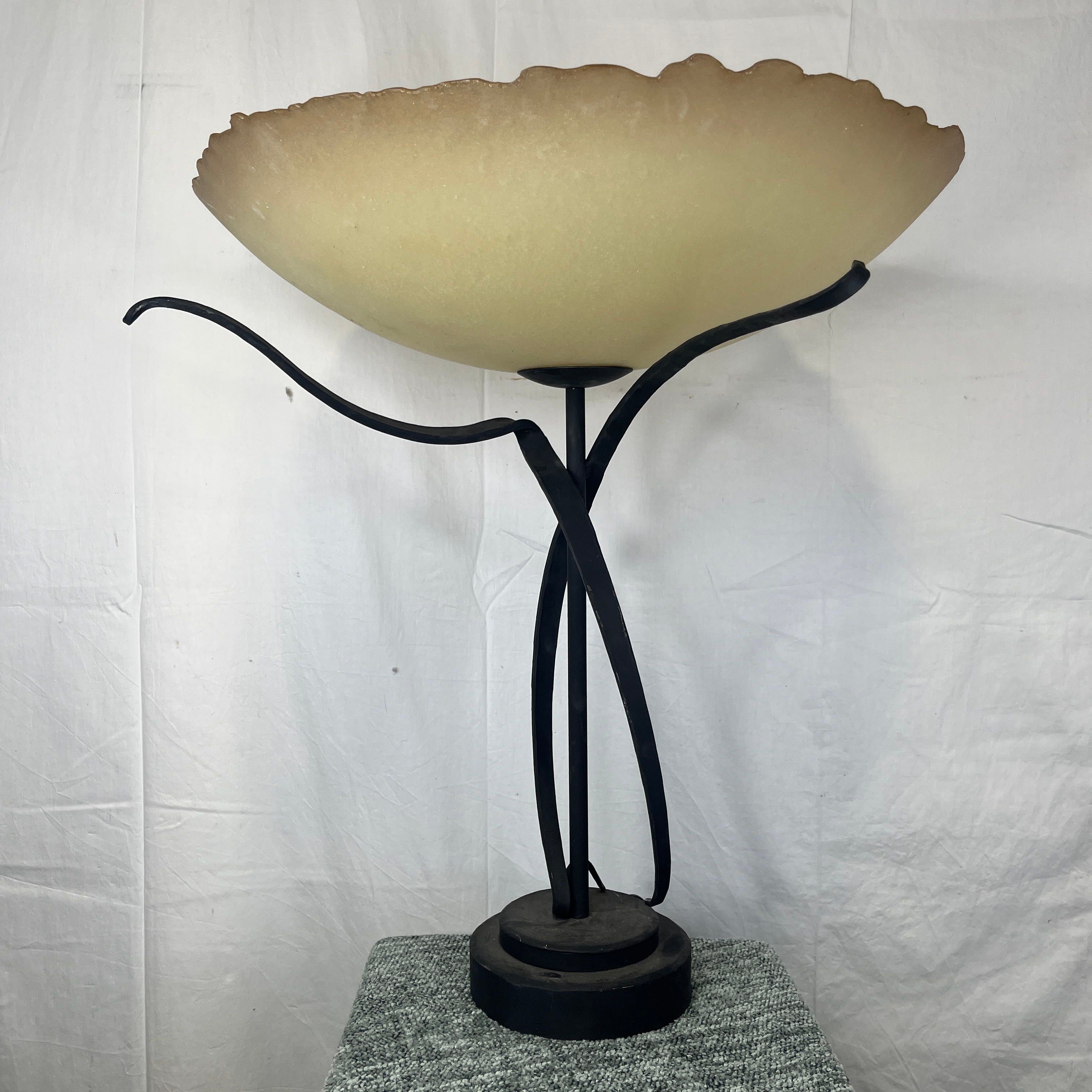 Custom Lightspann Illumination 2-Light Hand Forged Wrought Iron Base with Hand Blown Flower Glass Table Lamp