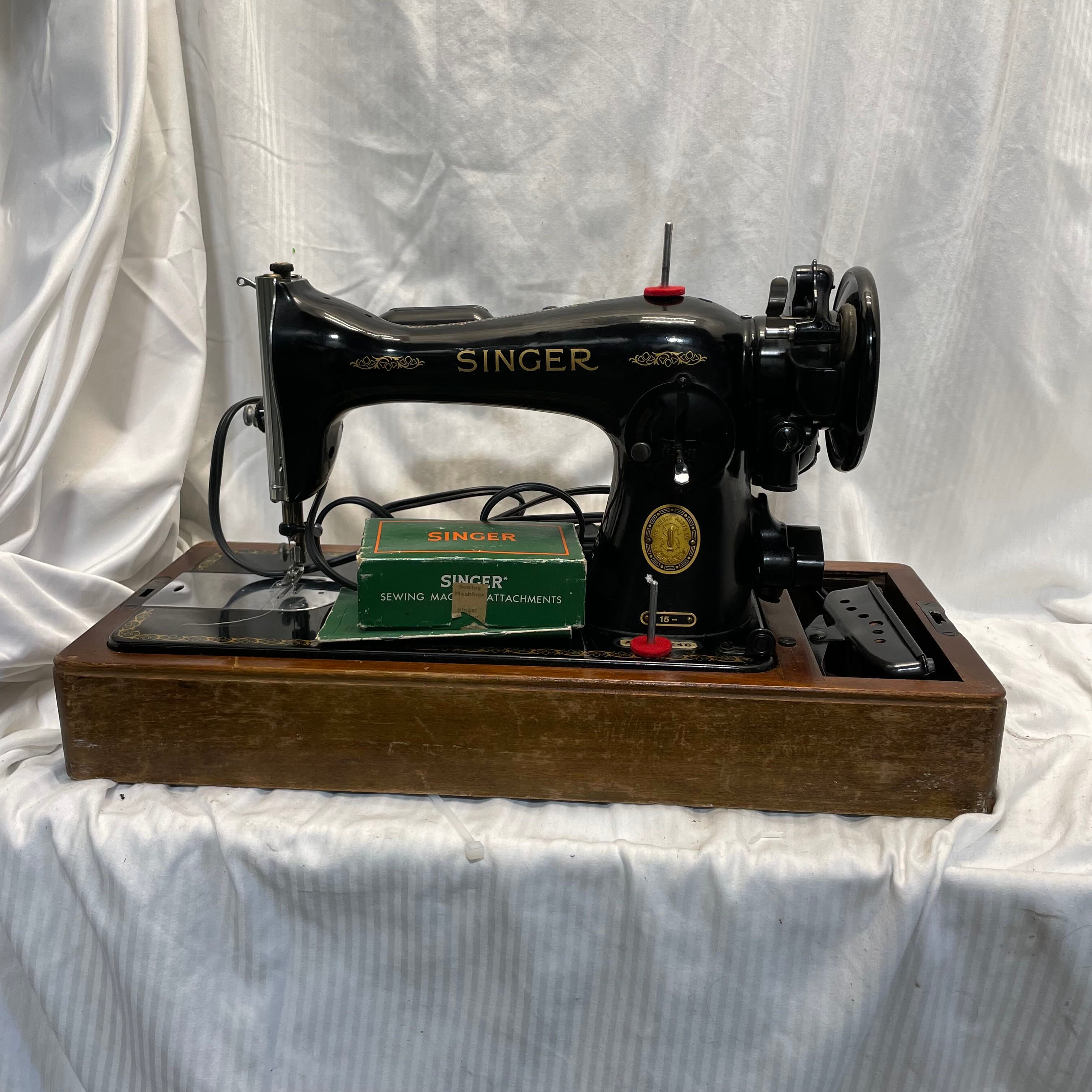 Antique Circa 1951 Singer Electric Sewing Machine with Bentwood Box Carrying Case
