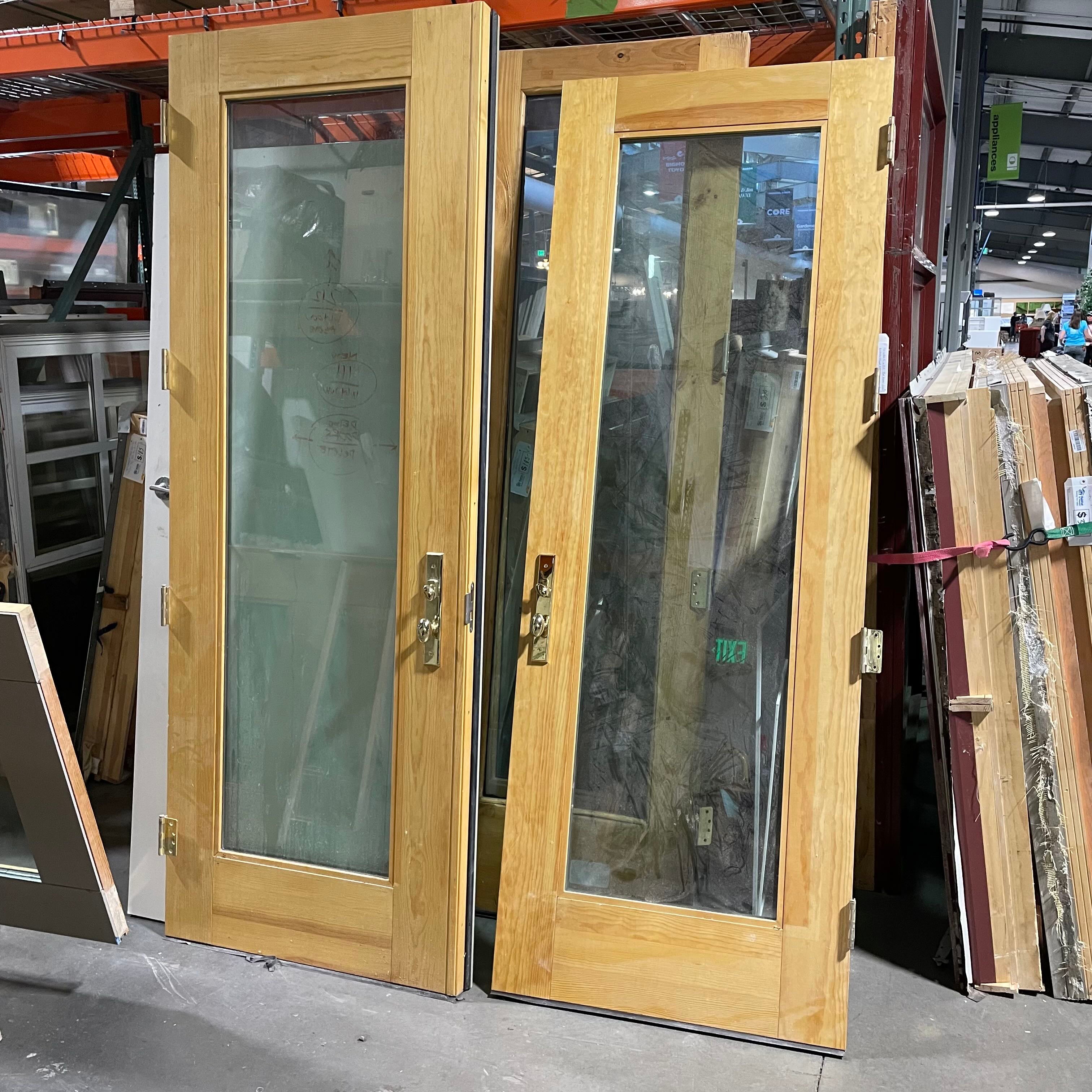 One Glass Panel Each Knotty Pine One Side Painted Grey Other Side Exterior French Doors