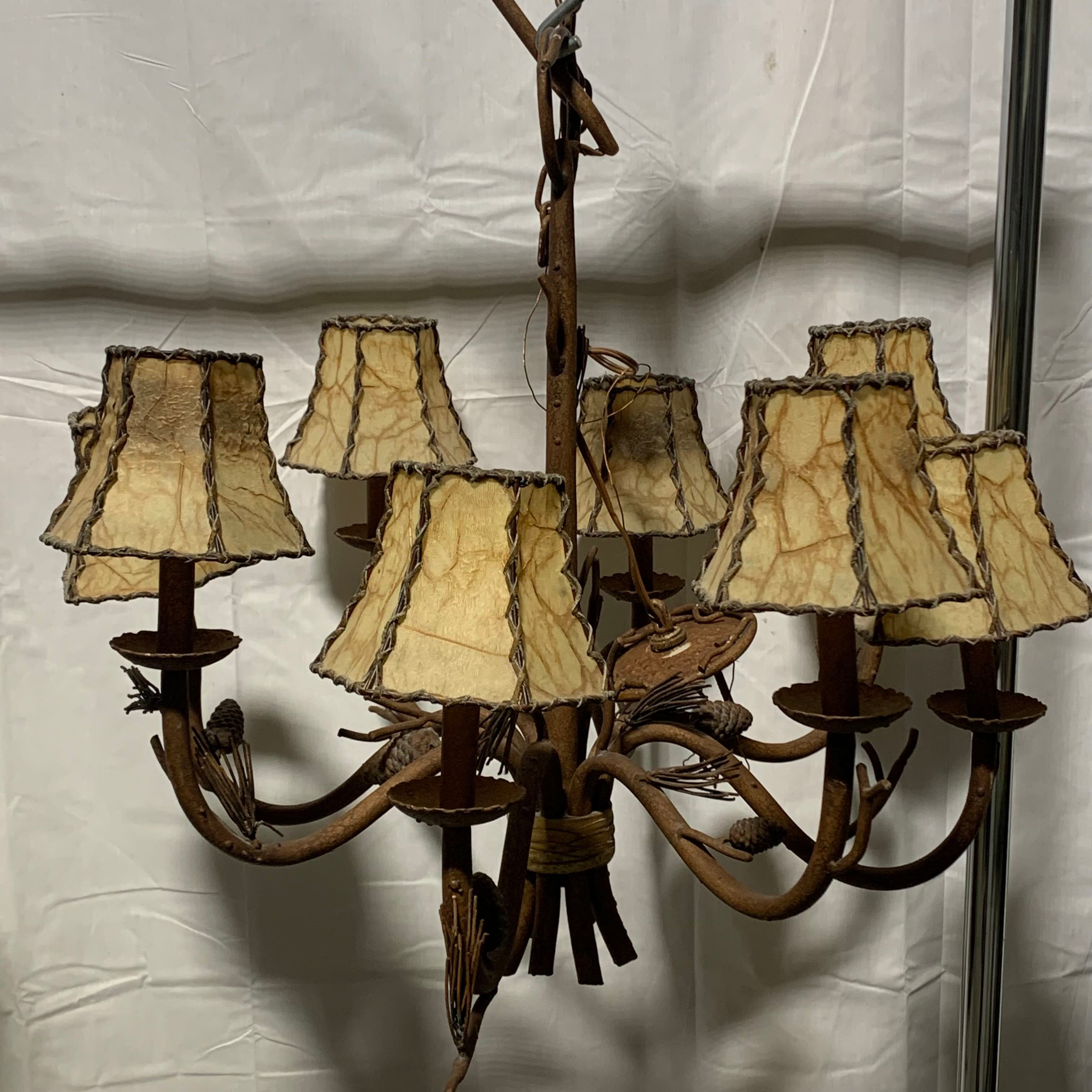 32" Diameter x 28" Kalco Ponderosa Iron Branch and Pinecone 8 Light with Shades Chandelier