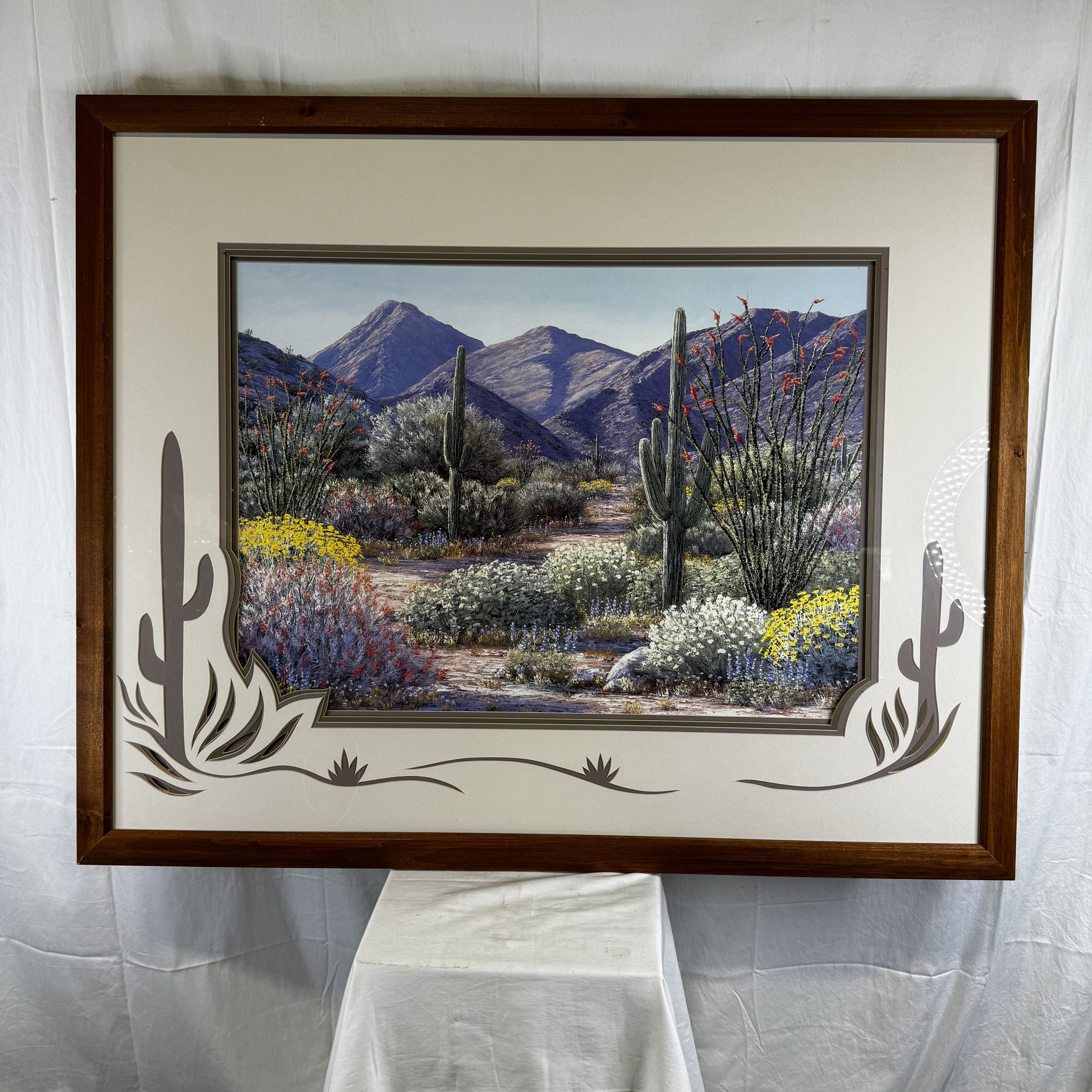 Desert Landscape By Linda Lea Acrylic on Paper Desert Cactus Matted Print