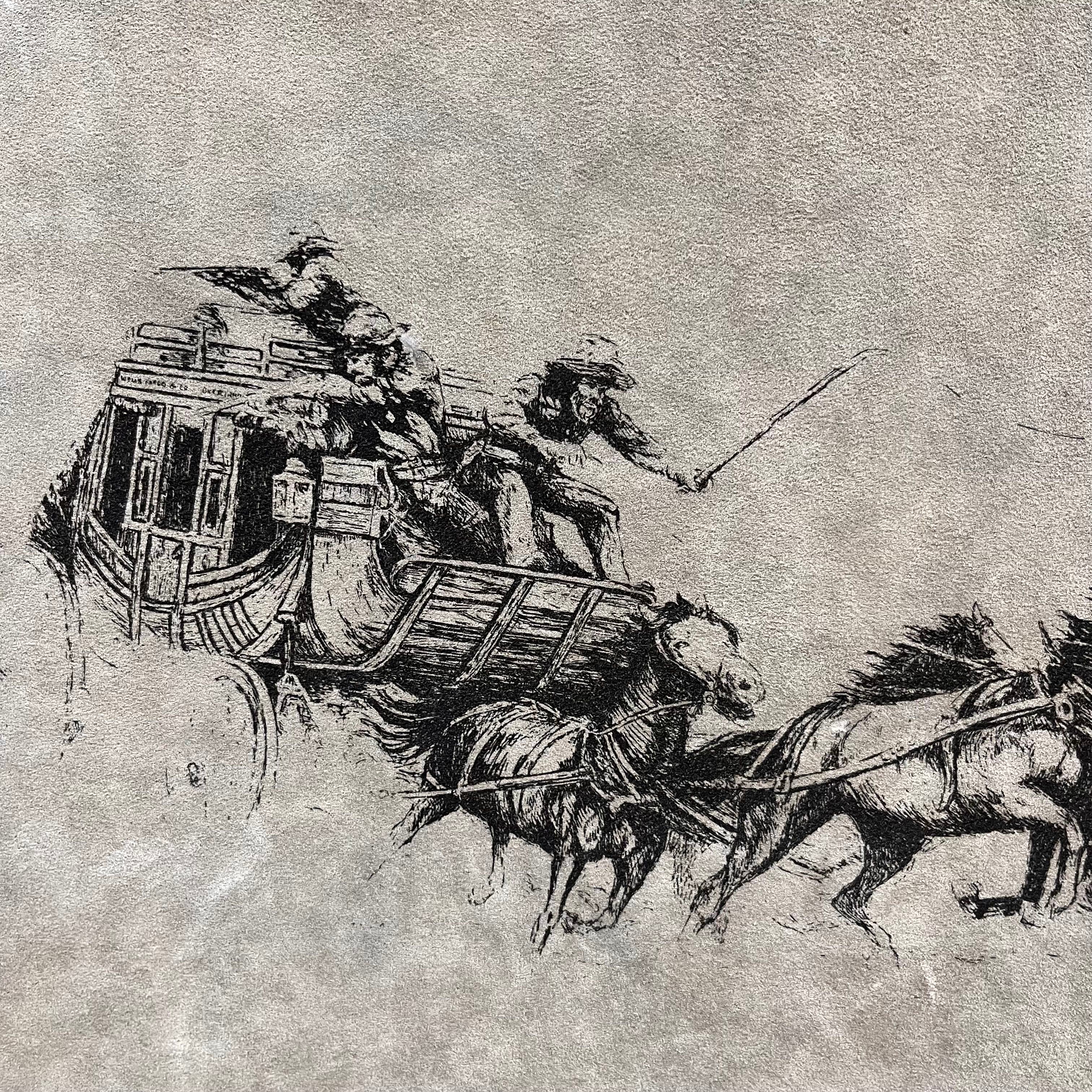 Western Stagecoach by Arthur S. Miller Manufacturing Co. 1979 Print on Leather Wall Art