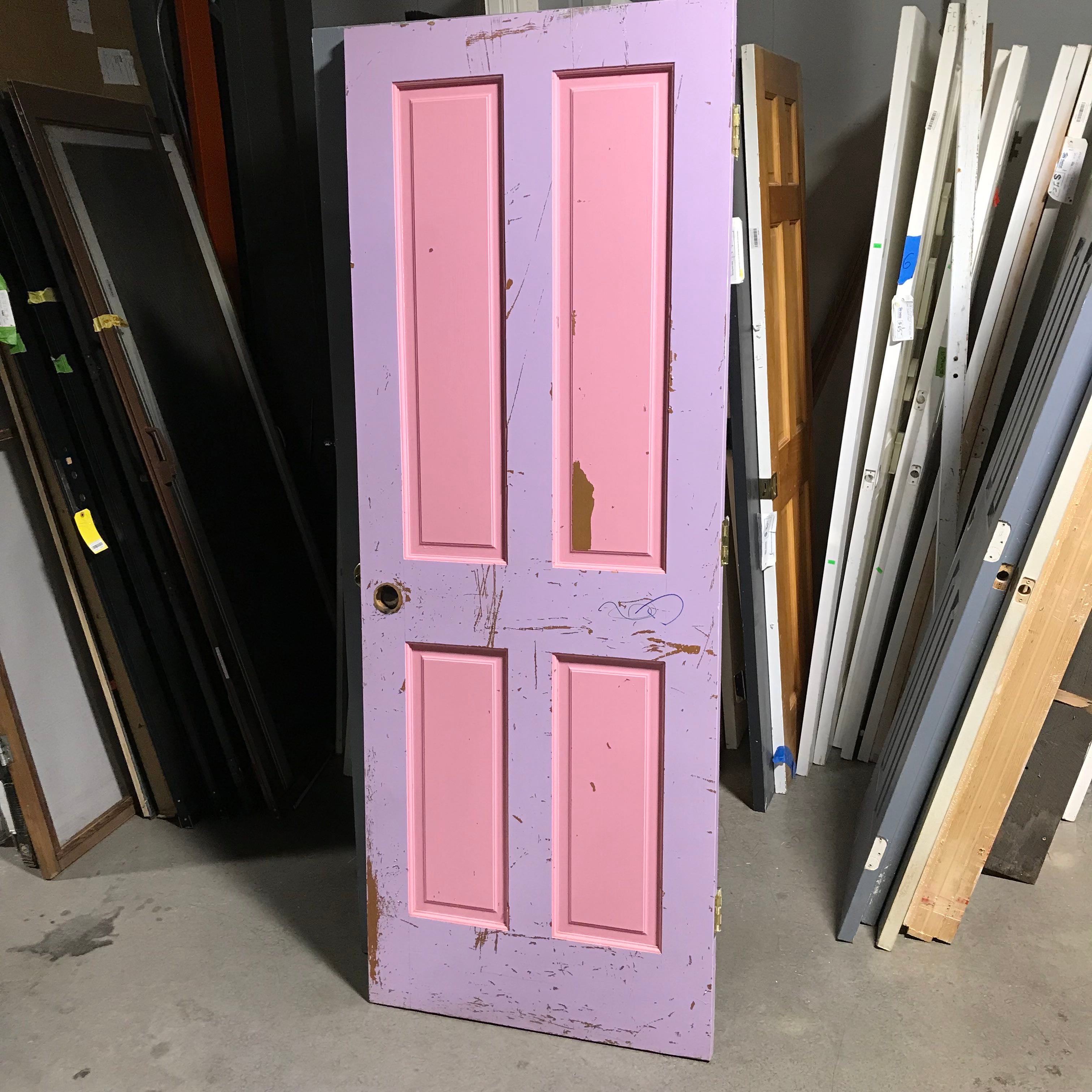 29.75"x 79.75"x 1.375" 4 Panel One Side Pink Purple Other Side Painted White Solid Pine Interior Door