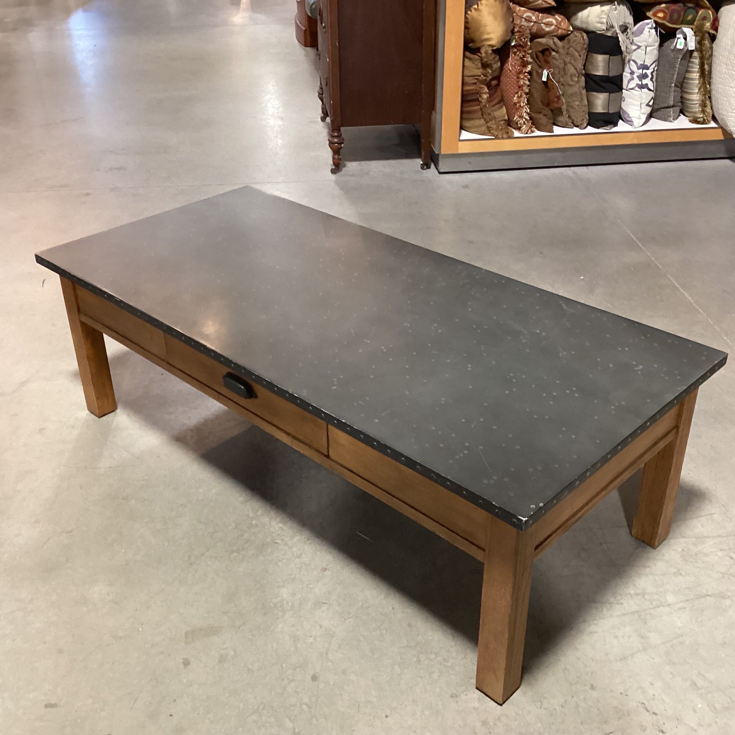 Industrial Rustic Wrapped Metal Nailhead Top Wood 1 Drawer Coffee Table