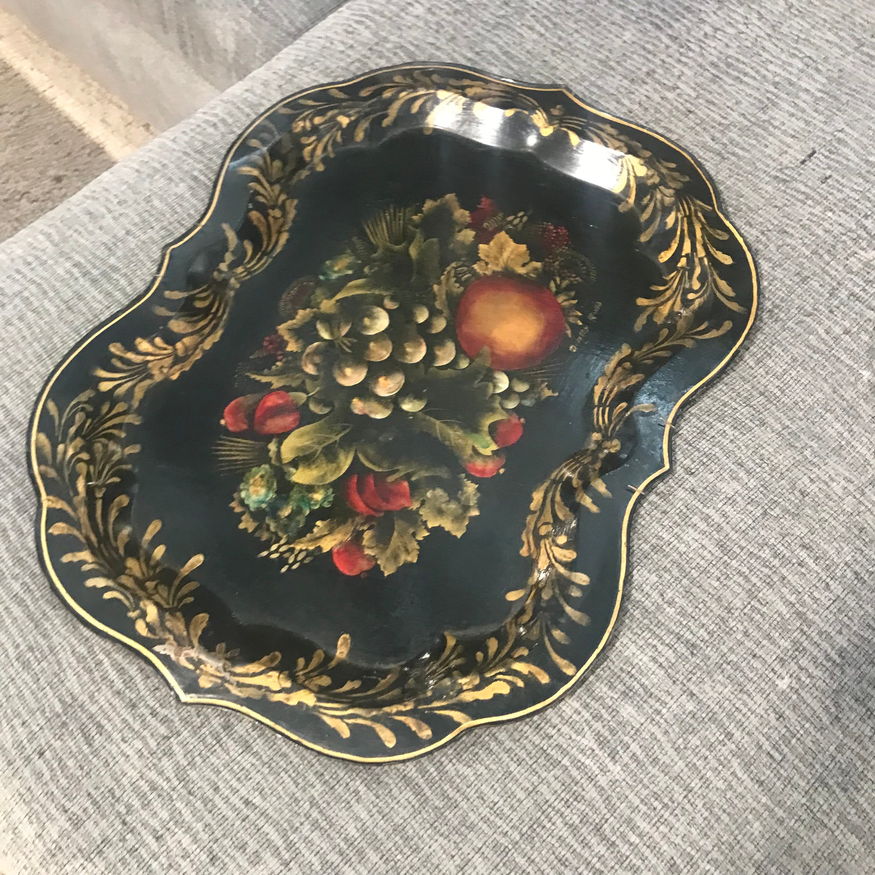 24"x 18.5" 1930's Handpainted with Chippendale Shape Signed Tole Painted Tray