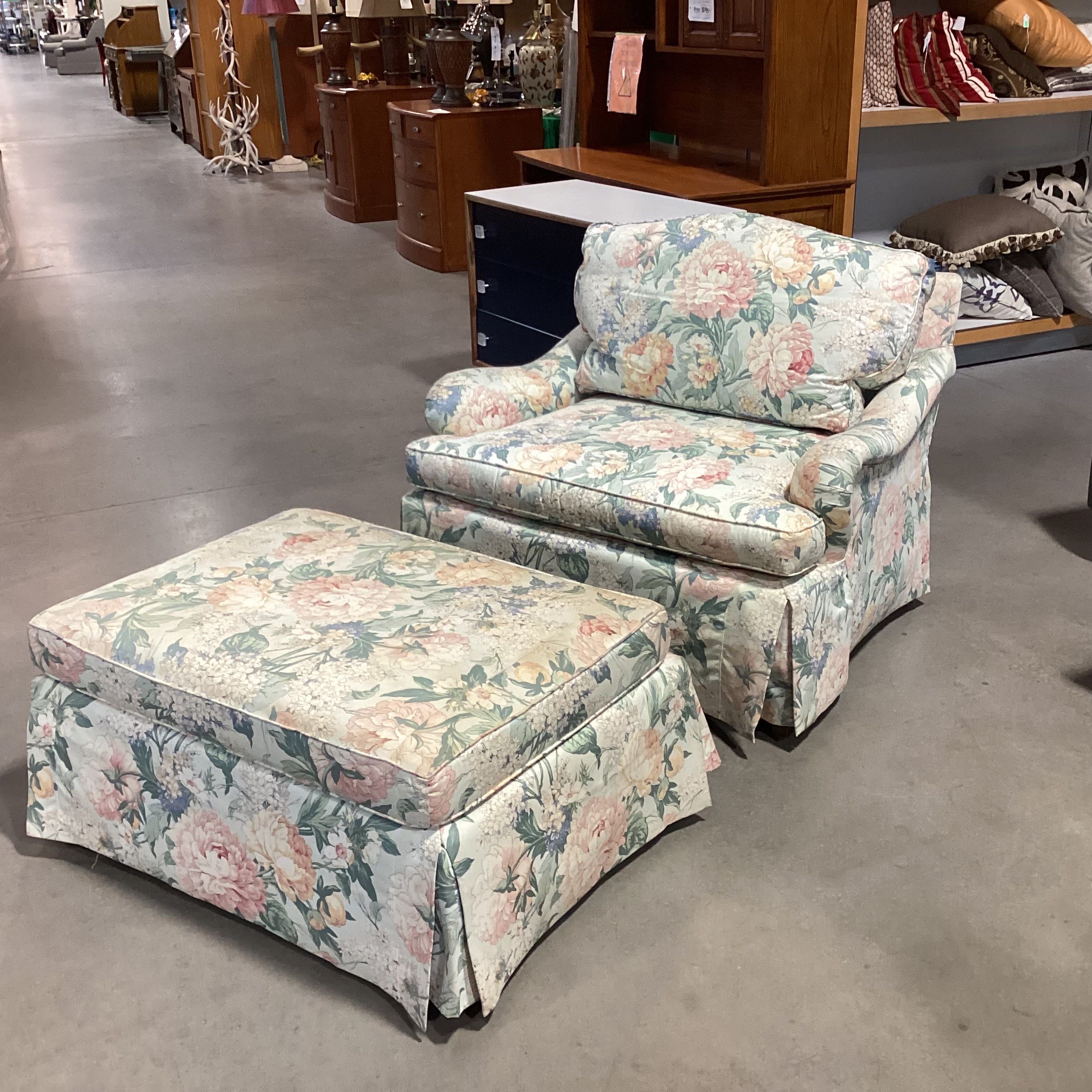 Baker Furniture Floral Upholstered Down with Ottoman Chair