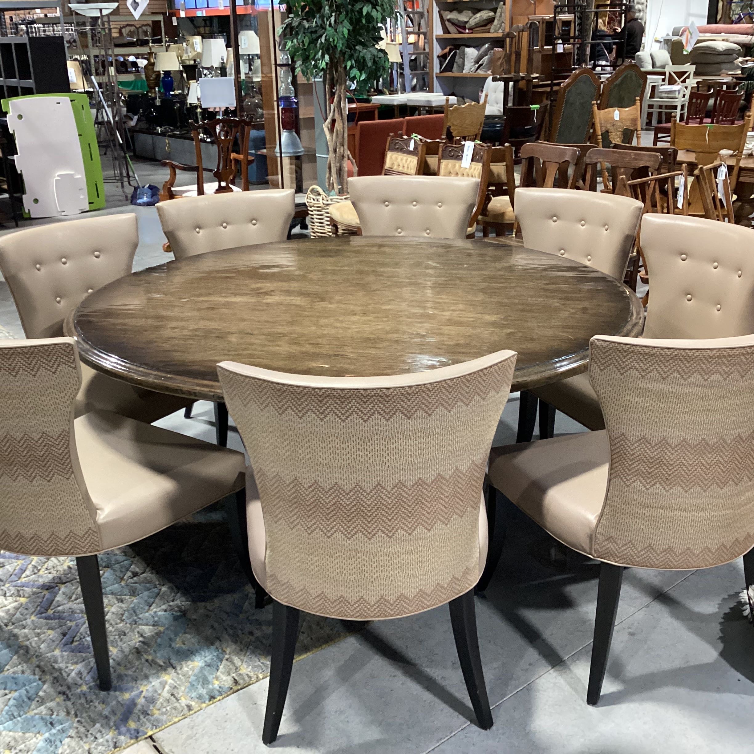 Round Dark Distressed Wood Concrete Pedestal Table 8 Leather with Upholstered Chairs Dining Set