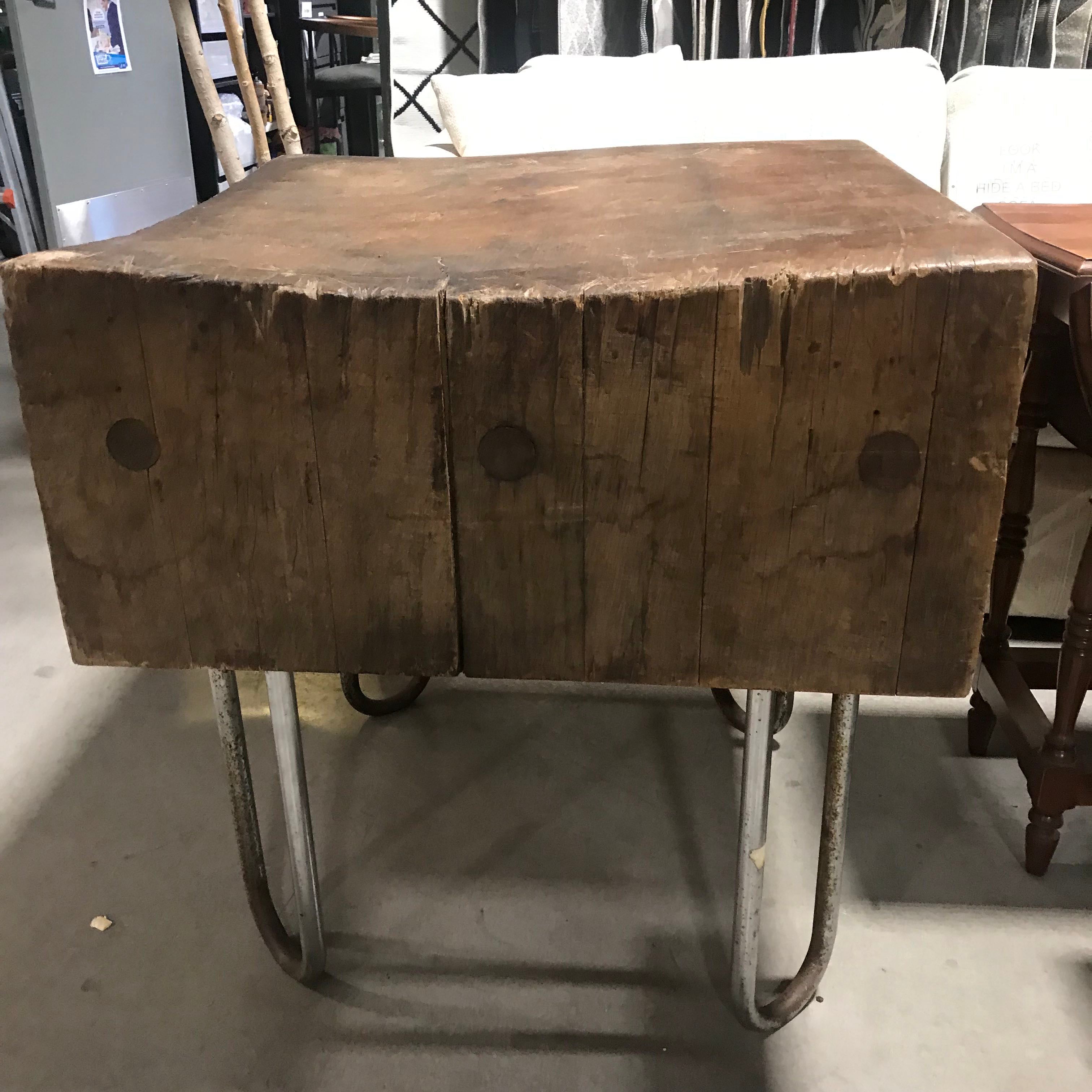Vintage Antique Solid Hand Hewn Butcher Block Table