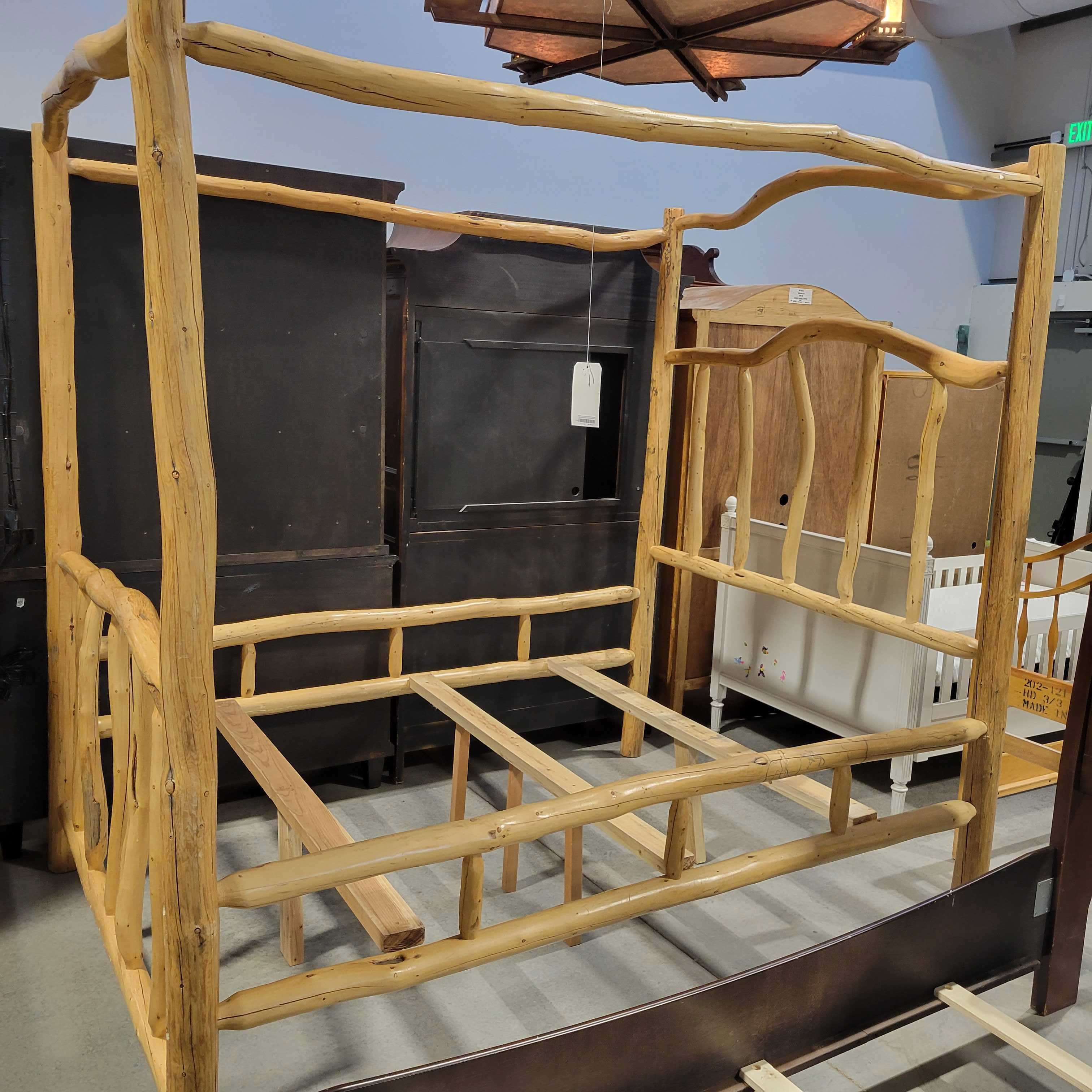 Queen Log Canopy Bed Set HB FB Rails Slats & Canopy Poles