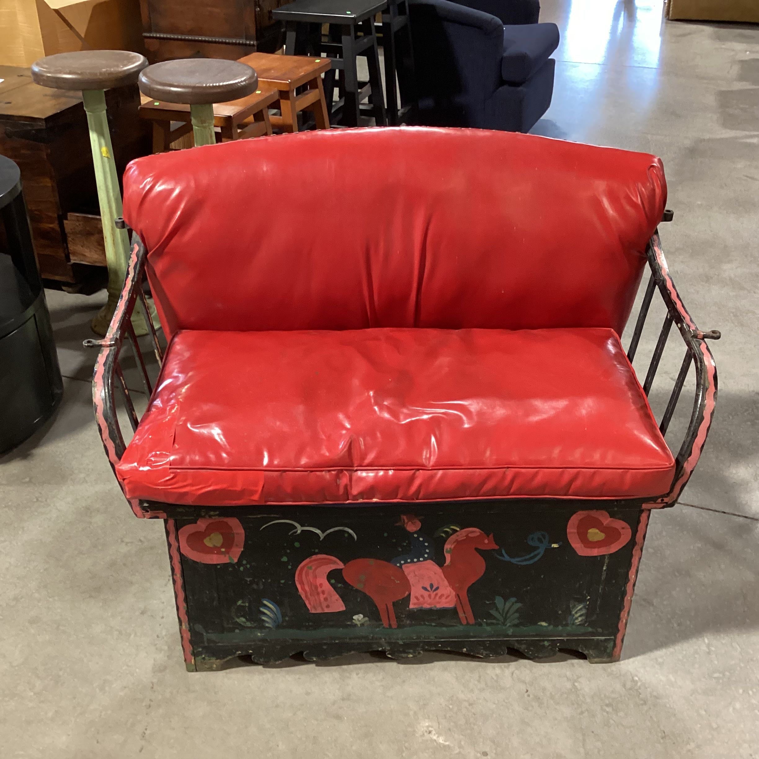 Antique Hand Painted & Red Faux Leather Buggy Bench