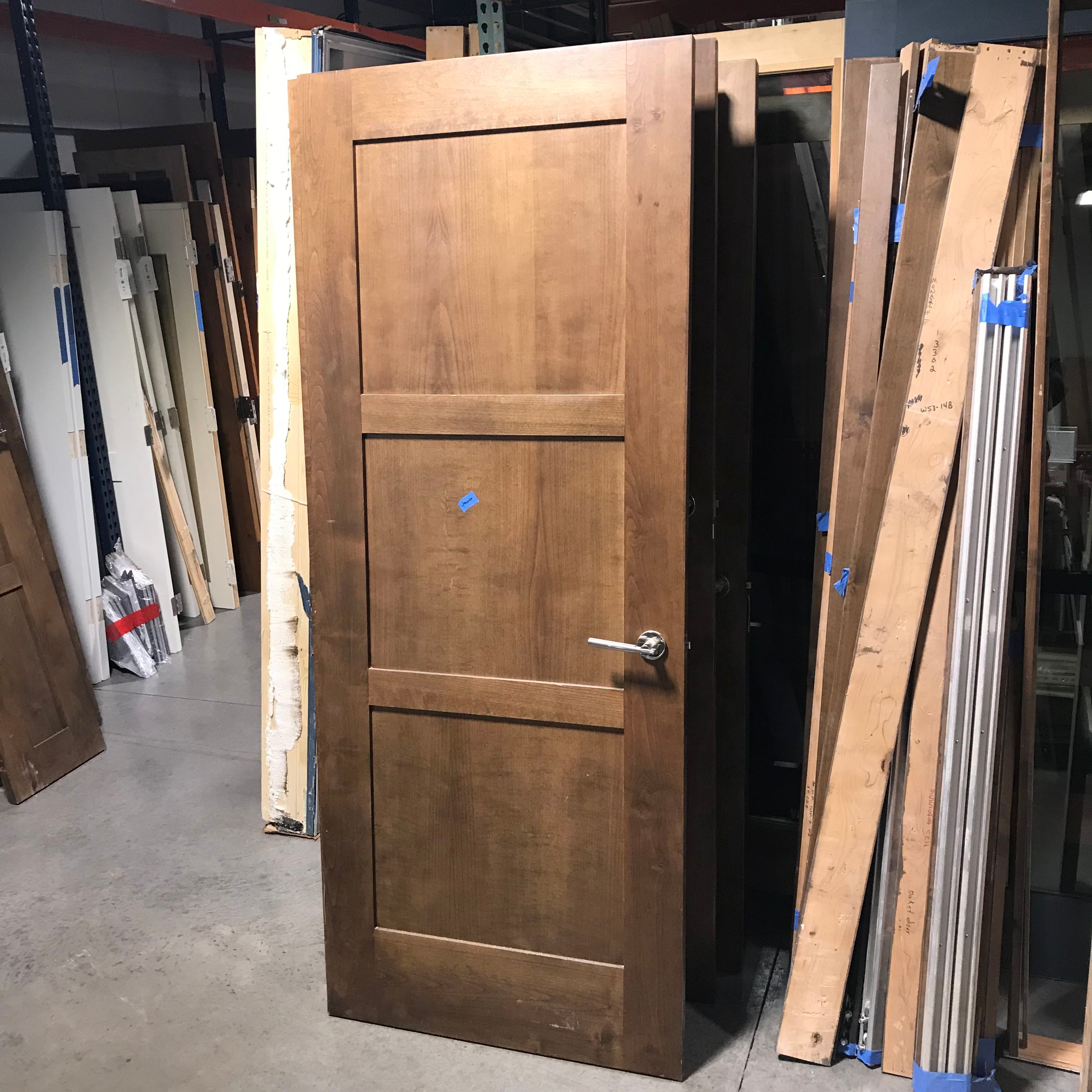 36"x 89.25"x 1.75" 3 Panel Brown Stained Alder Veneer with Jamb Solid Interior Door
