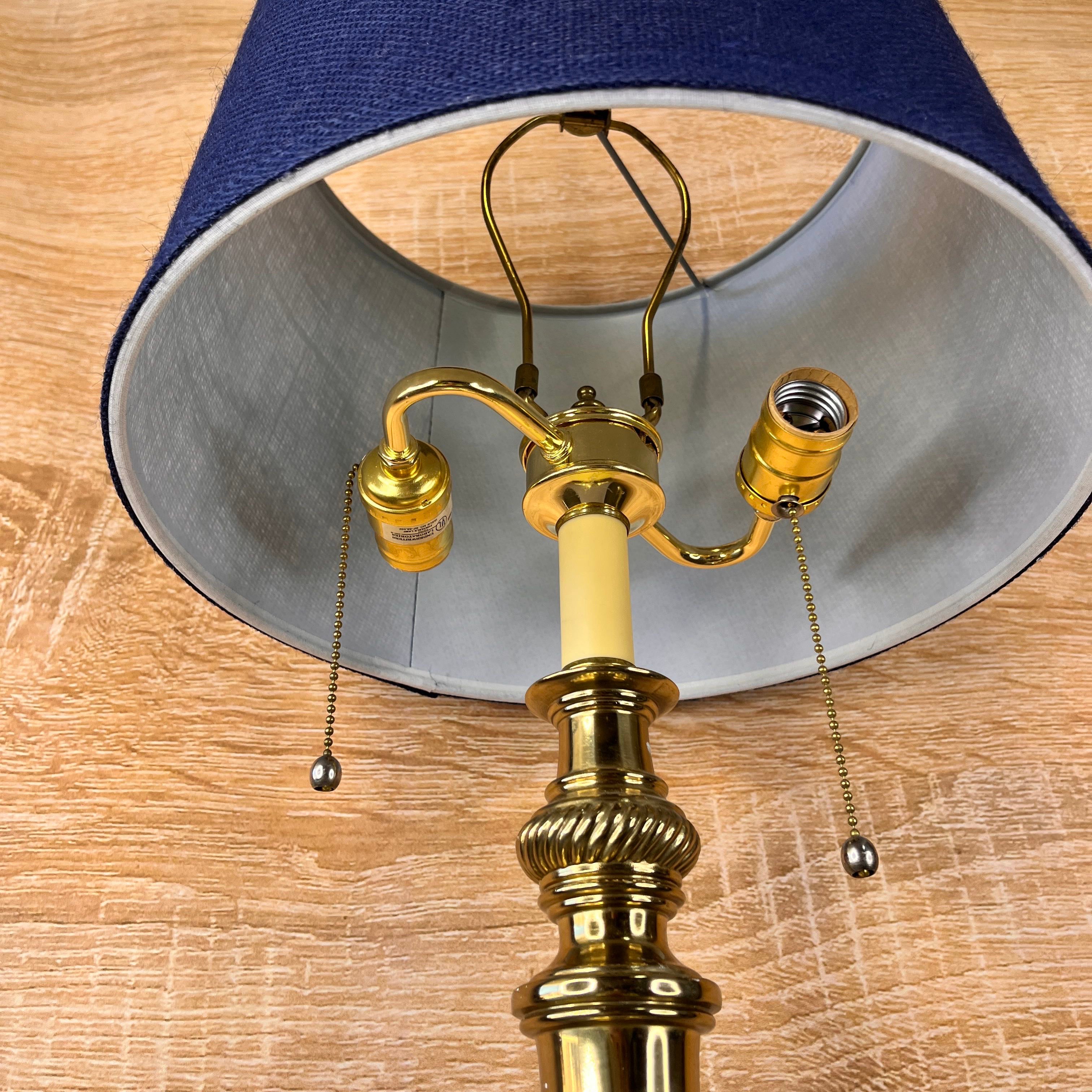 Brass & Metal 2-Light with Blue Linen Shade Table Lamp