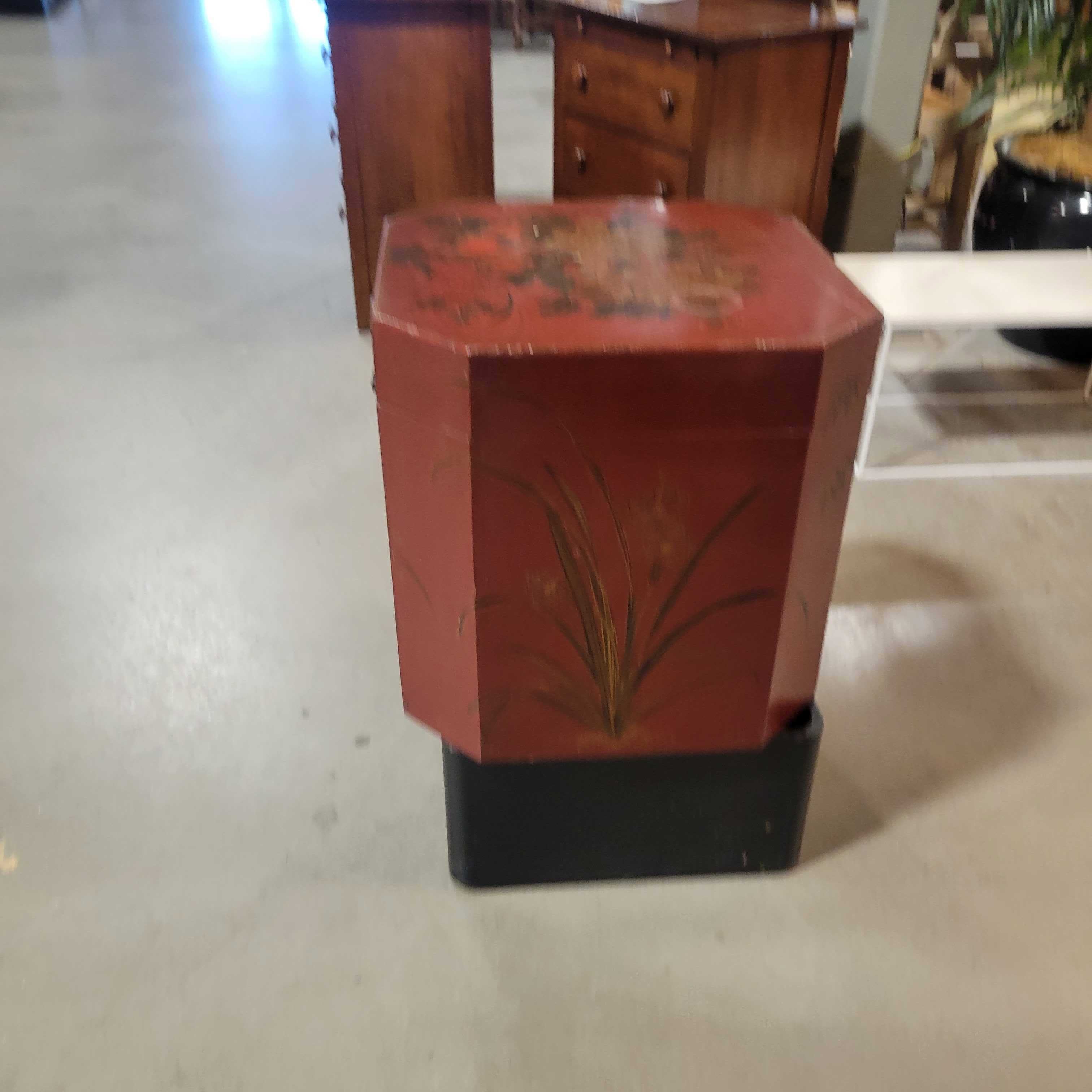 Asian Red Lacquer with Hand Painted Floral Trunk Box End Table