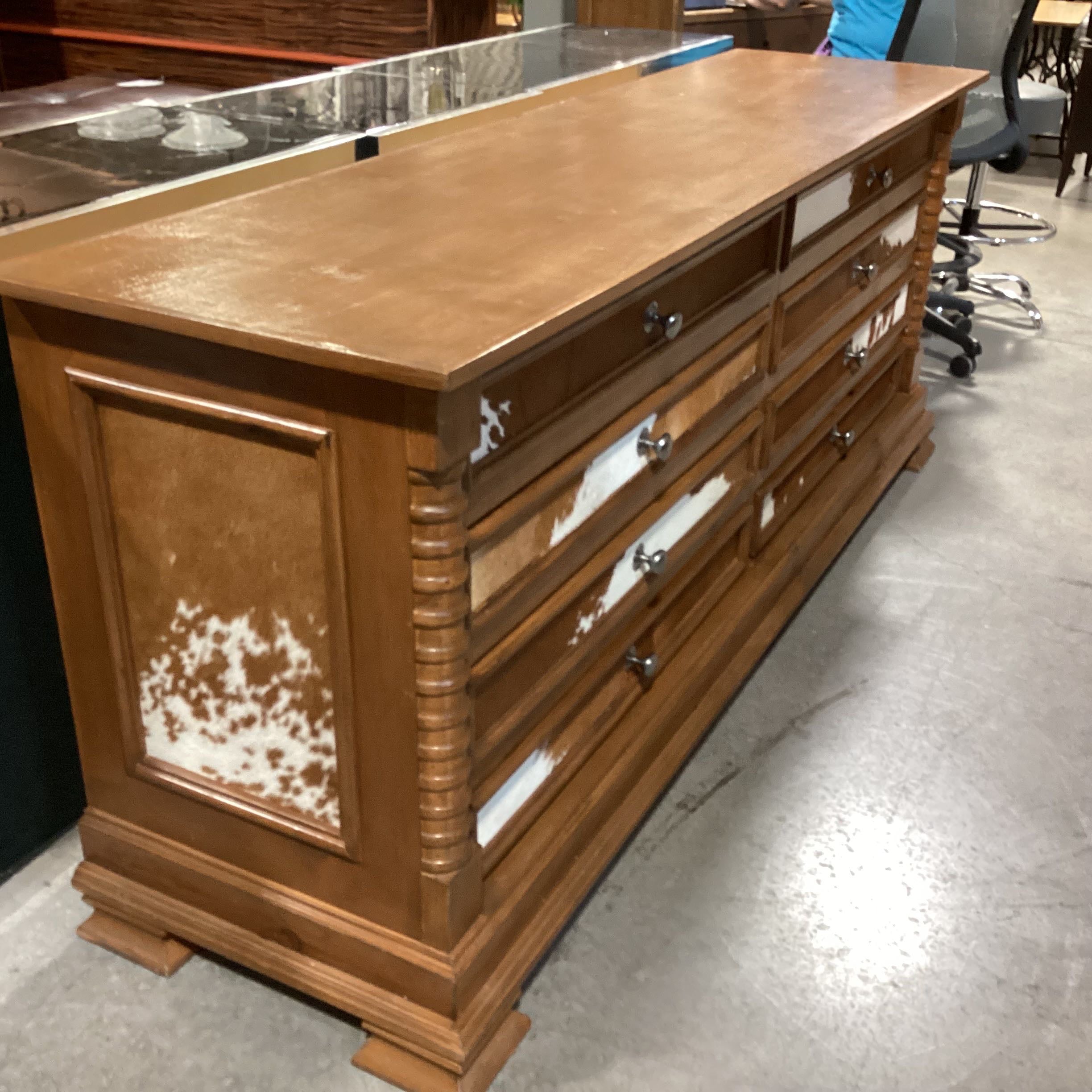 Custom White & Tan Cowhide & Carved Wood 8 Drawer Dresser