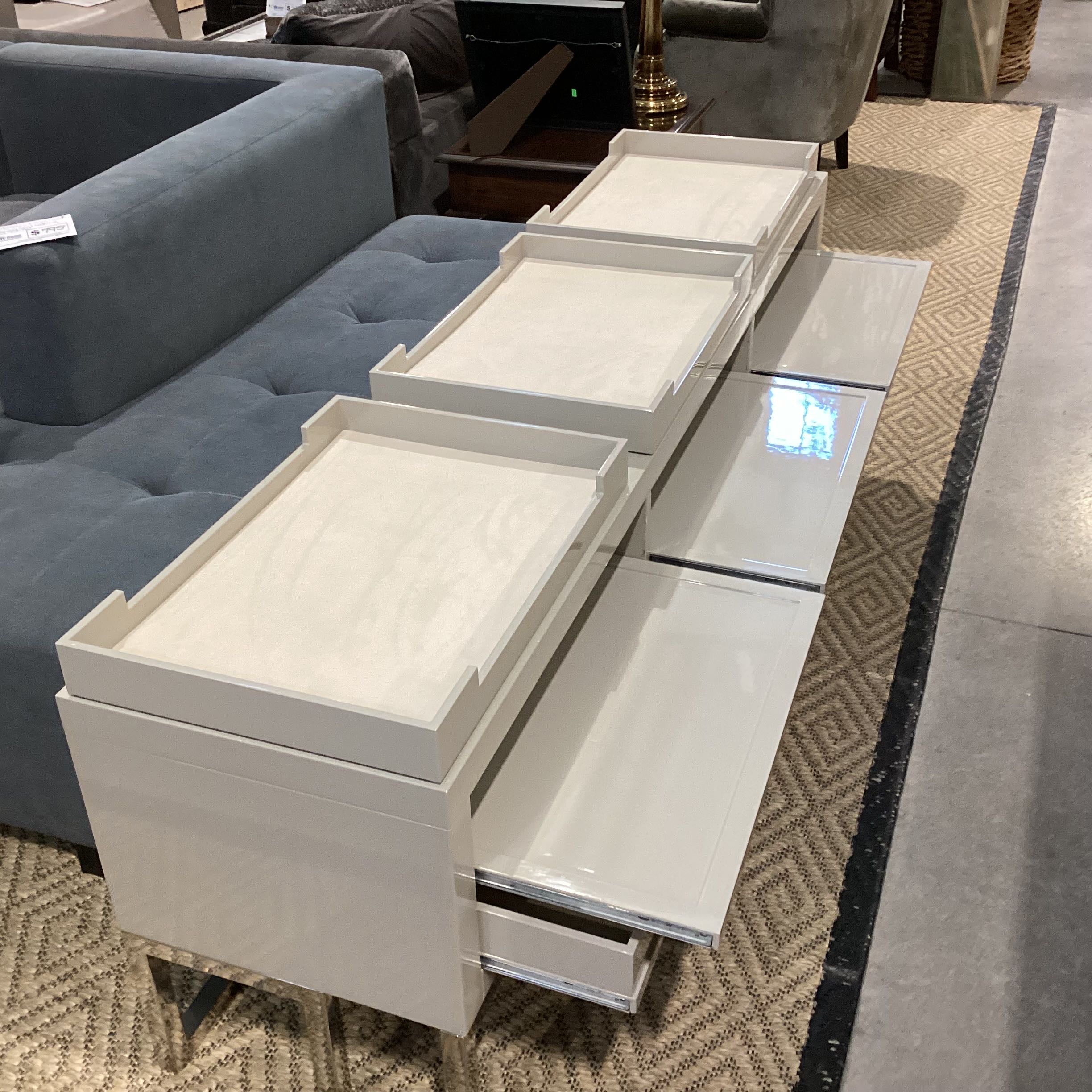 Custom Beige Grey Lacquered and Chrome 6 Removable Lined Tray Drawers Console