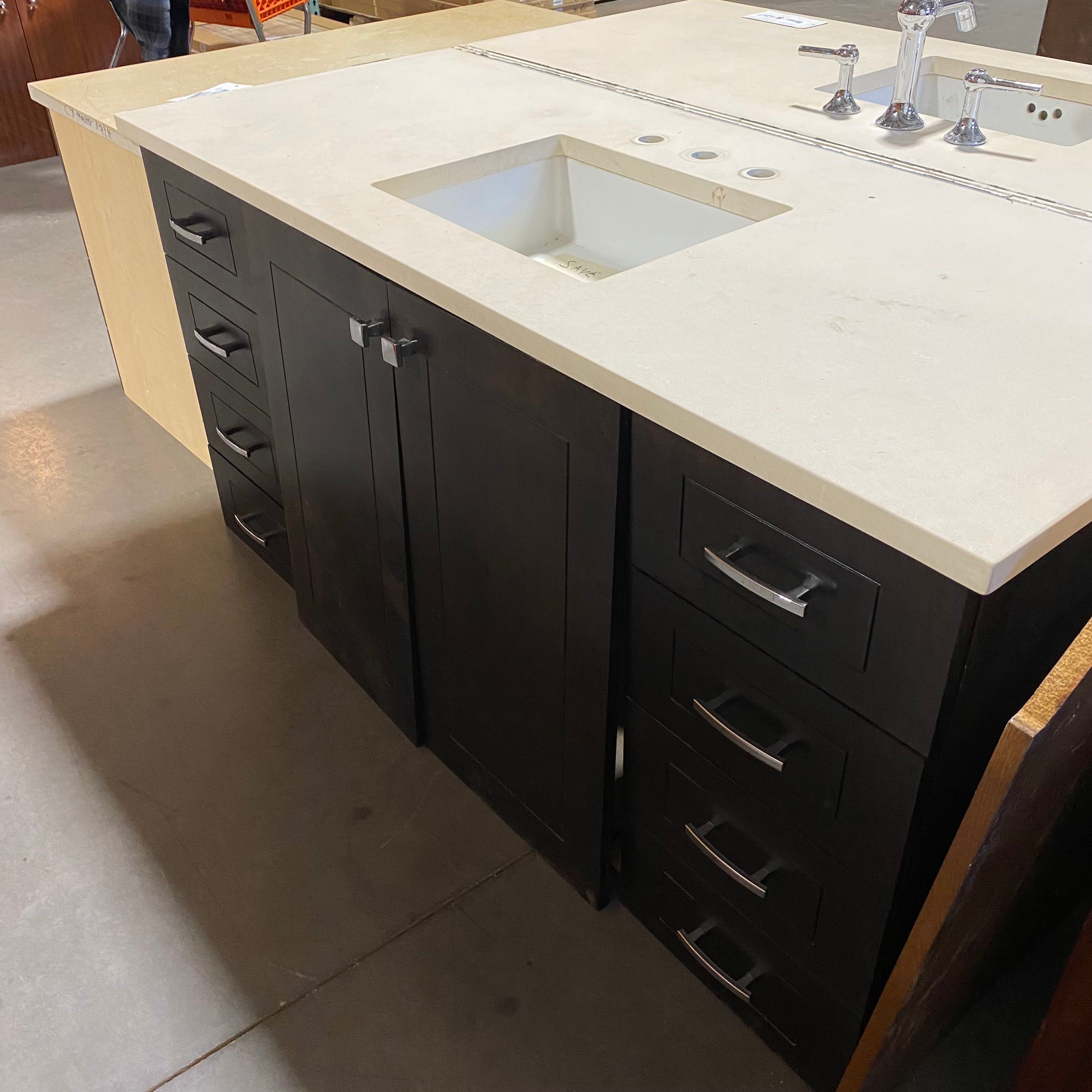 Black Stained Chrome Accent Hardware Travertine Look Cultured Stone Top with Under Mount Sink Vanity