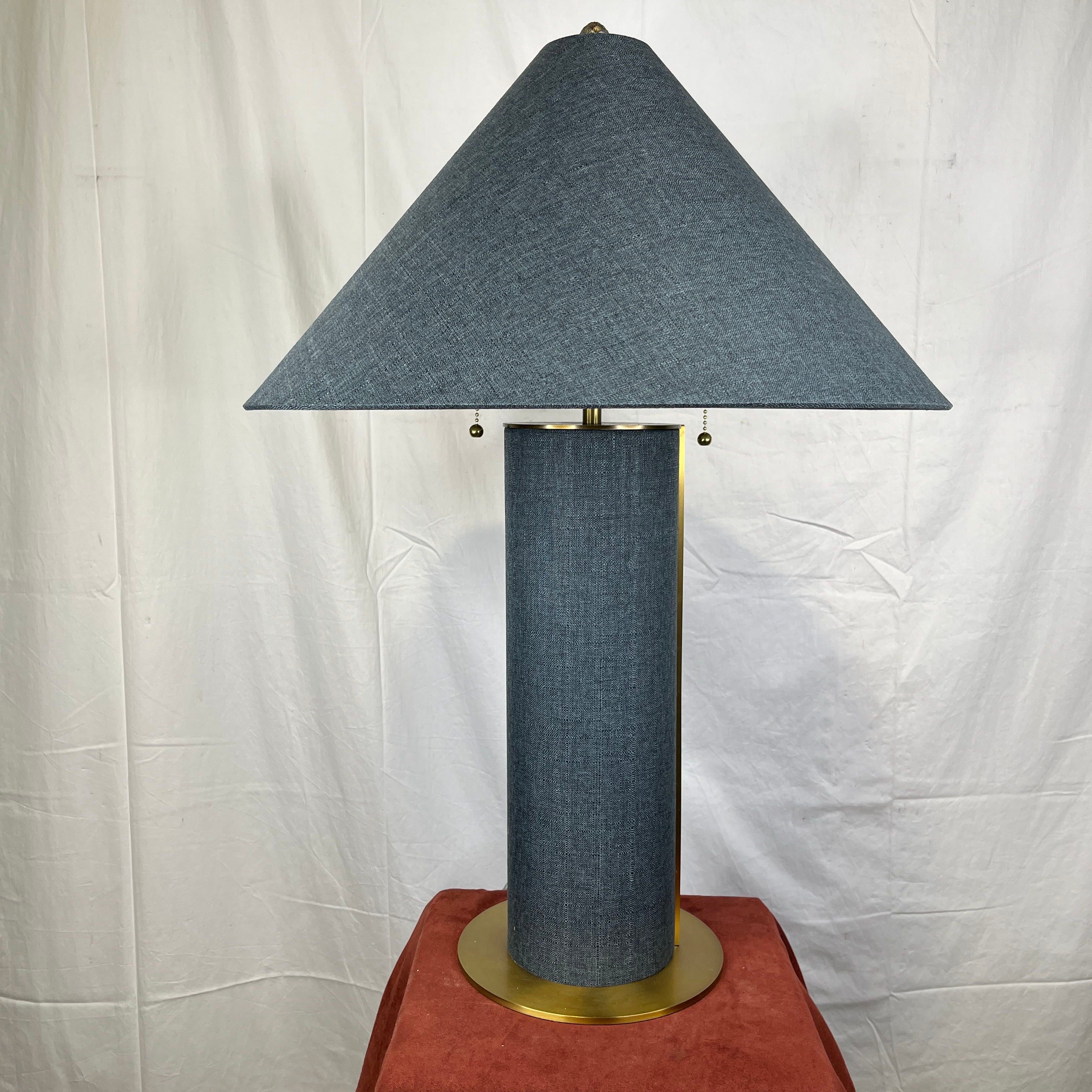 Crate and Barrel 2 Light Remi Blue Linen with Brass Accents Table Lamp
