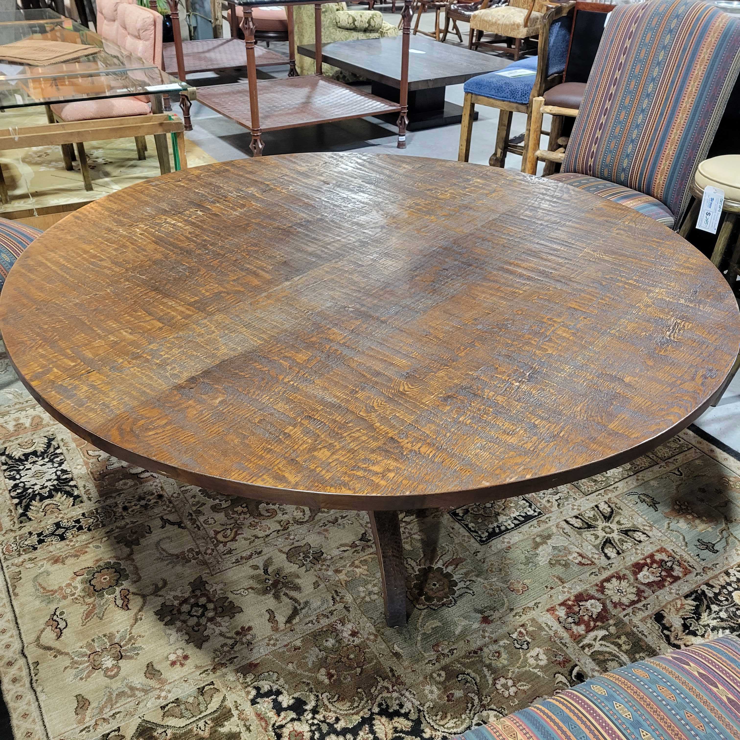 Round Carved Distressed Wood Thick Spiral Pedestal Dining Table