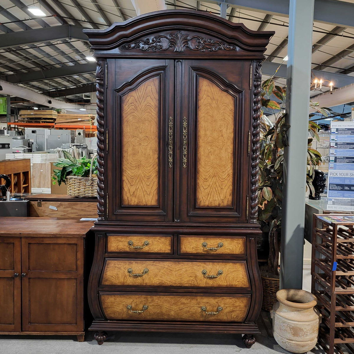 Dark Finish Carved Wood & Warm Ash Veneer Armoire — Habitat Roaring Fork