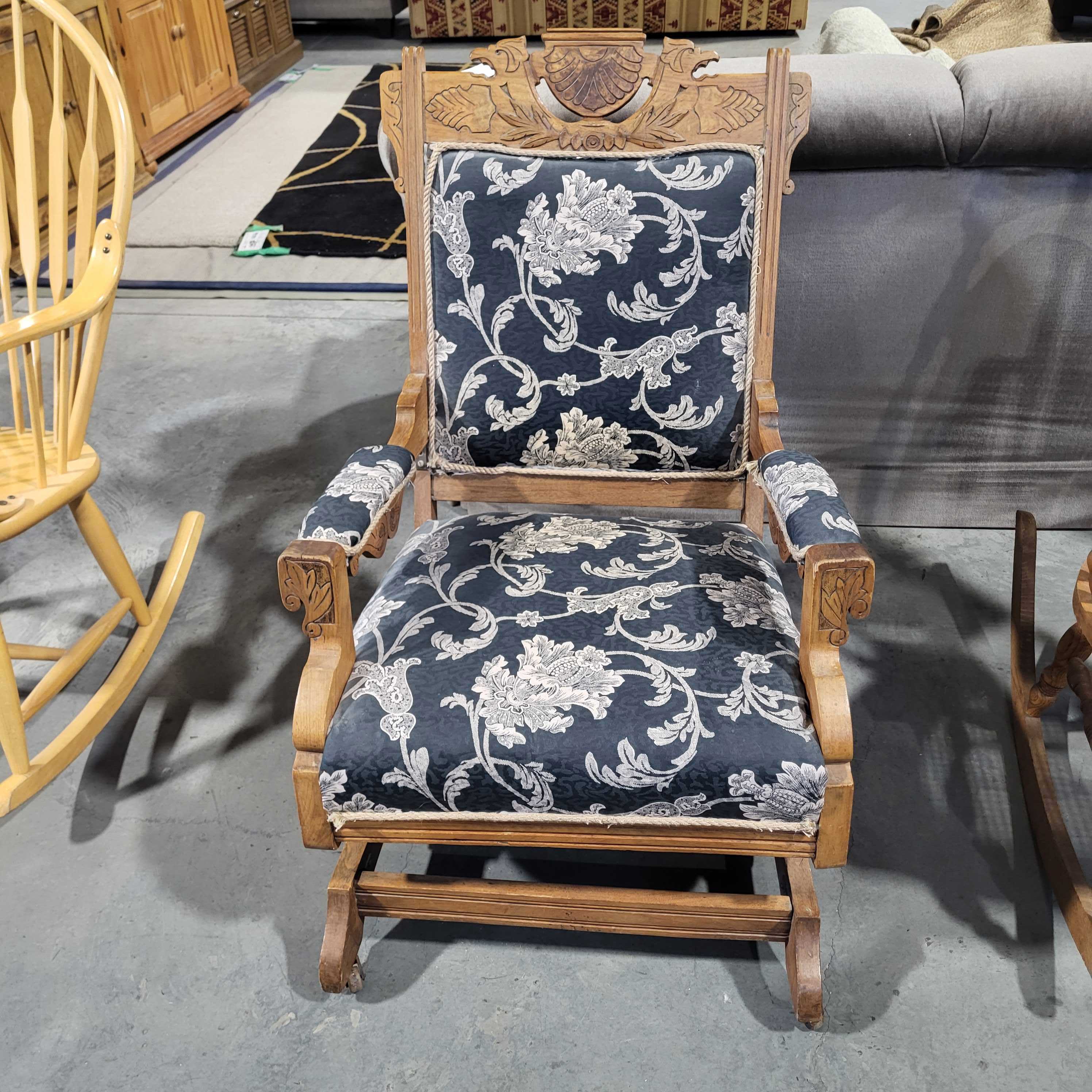 Hand Carved Wood and Floral Vintage Rocking Chair