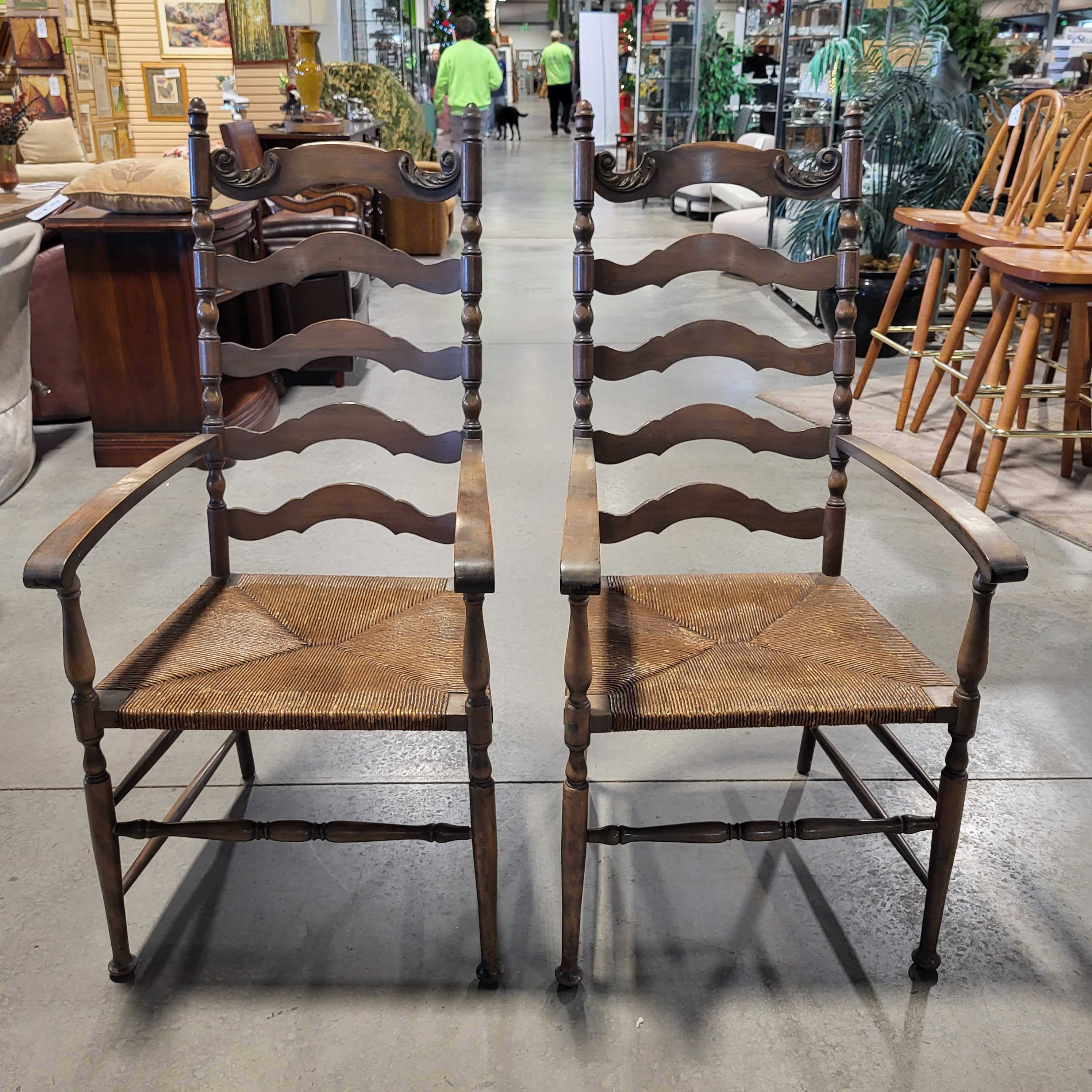 Set of 2 Carved Wood and Rush Seat Arm Dining Chairs