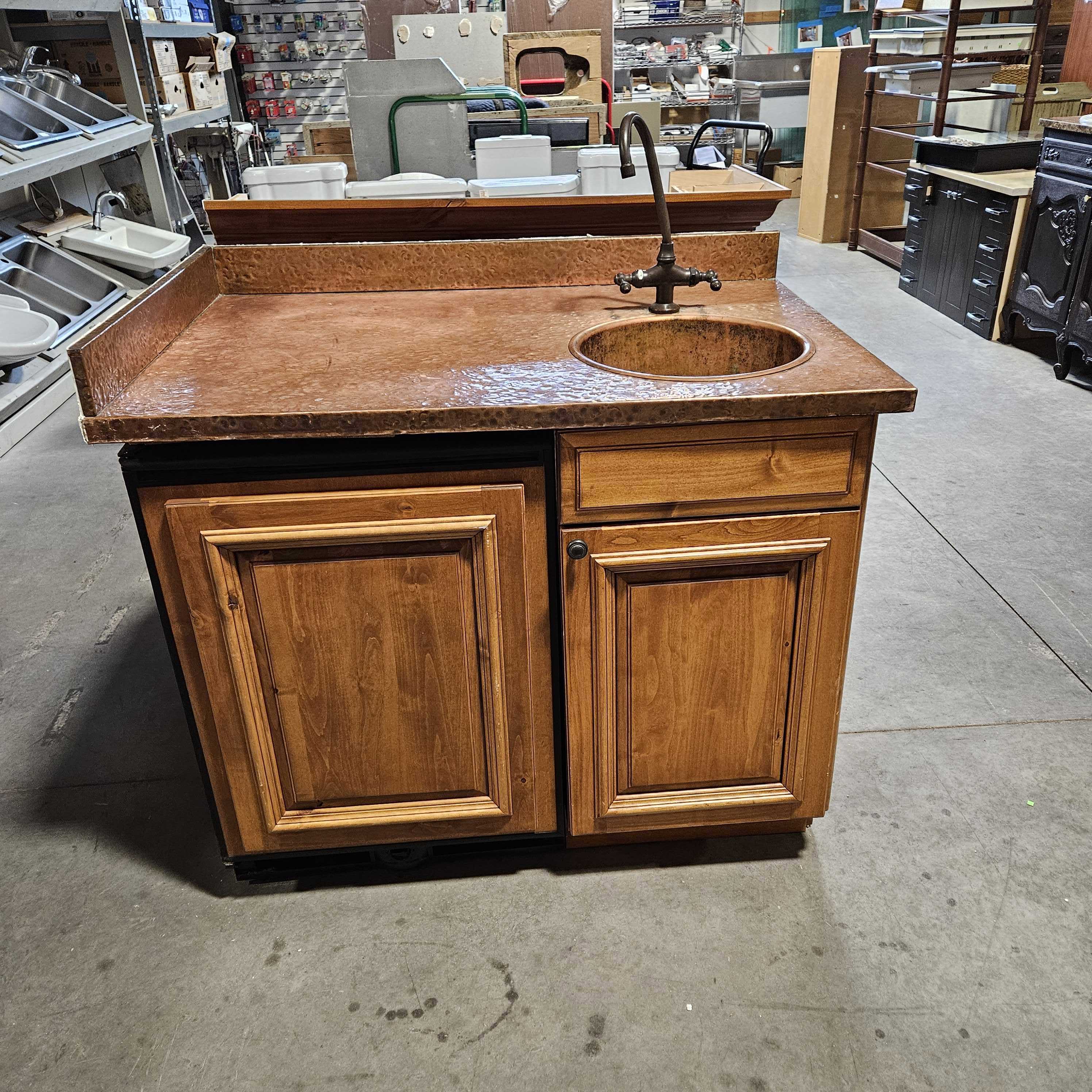 4 Pc Cherry Wood 1 Upper, 1 Lower Uline Under Counter Fridge Copper Countertop with Copper Sink