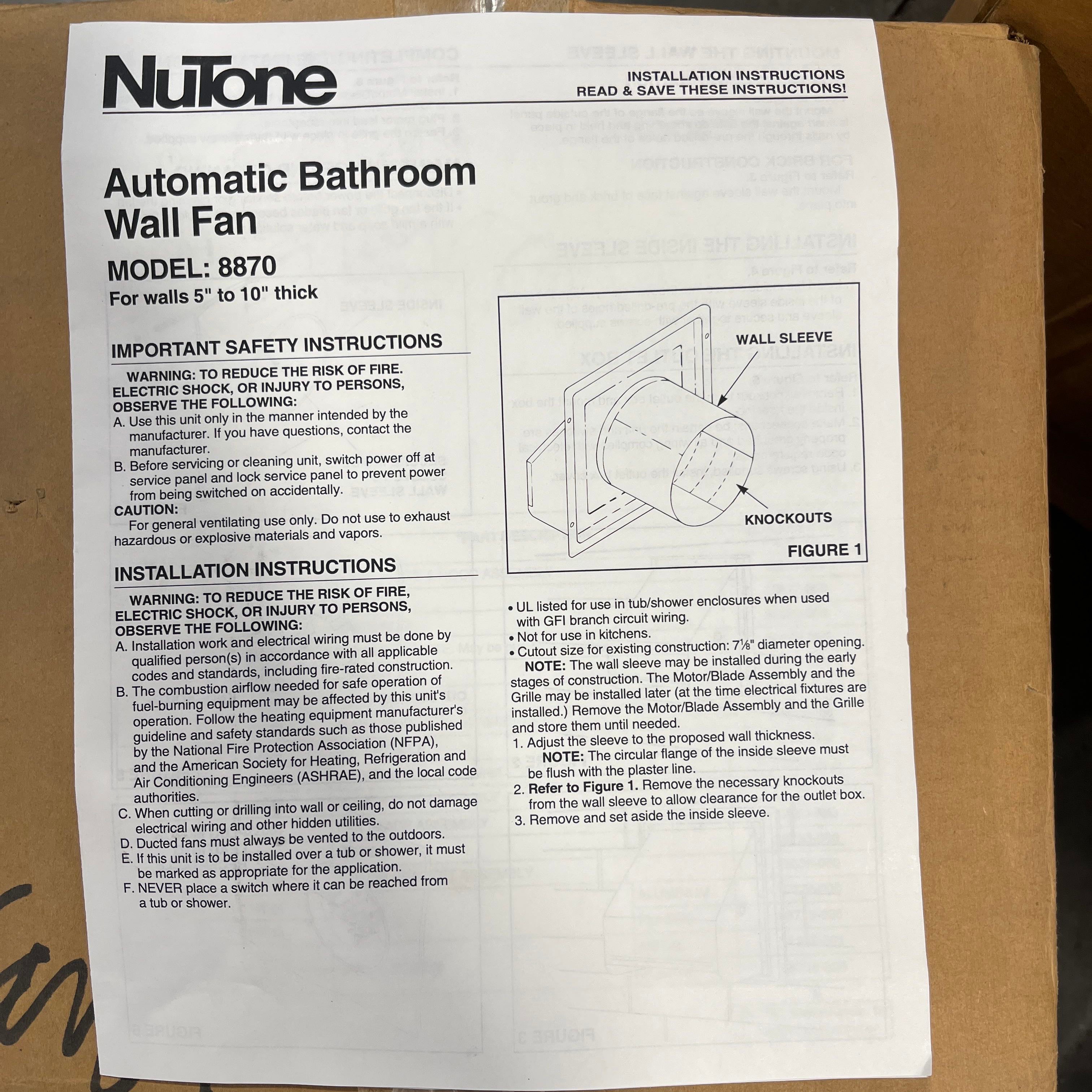 NuTone Automatic Bathroom Wall Fan