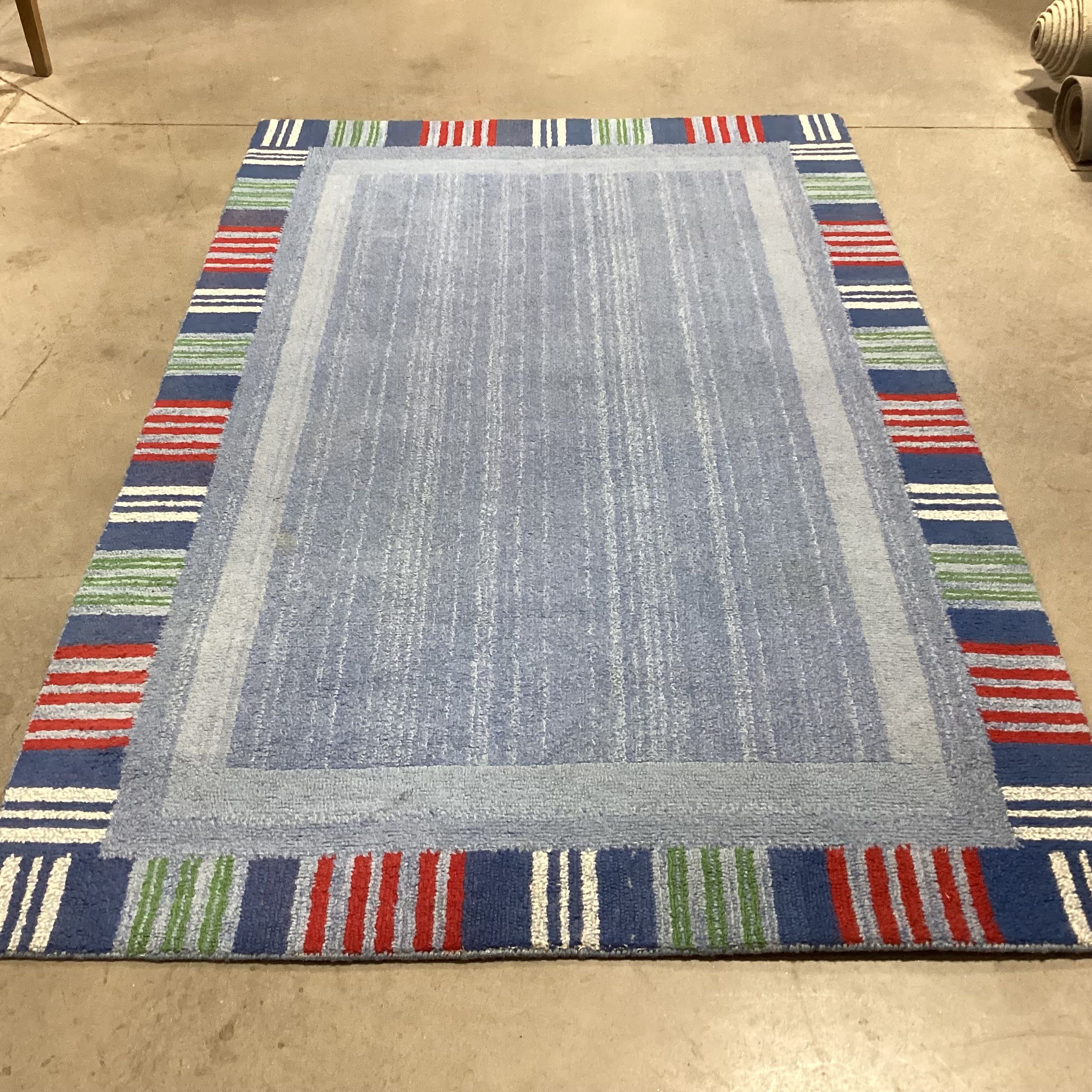 Pottery Barn Kid Blue with Red Blue Green Stripe Border Wool Rug