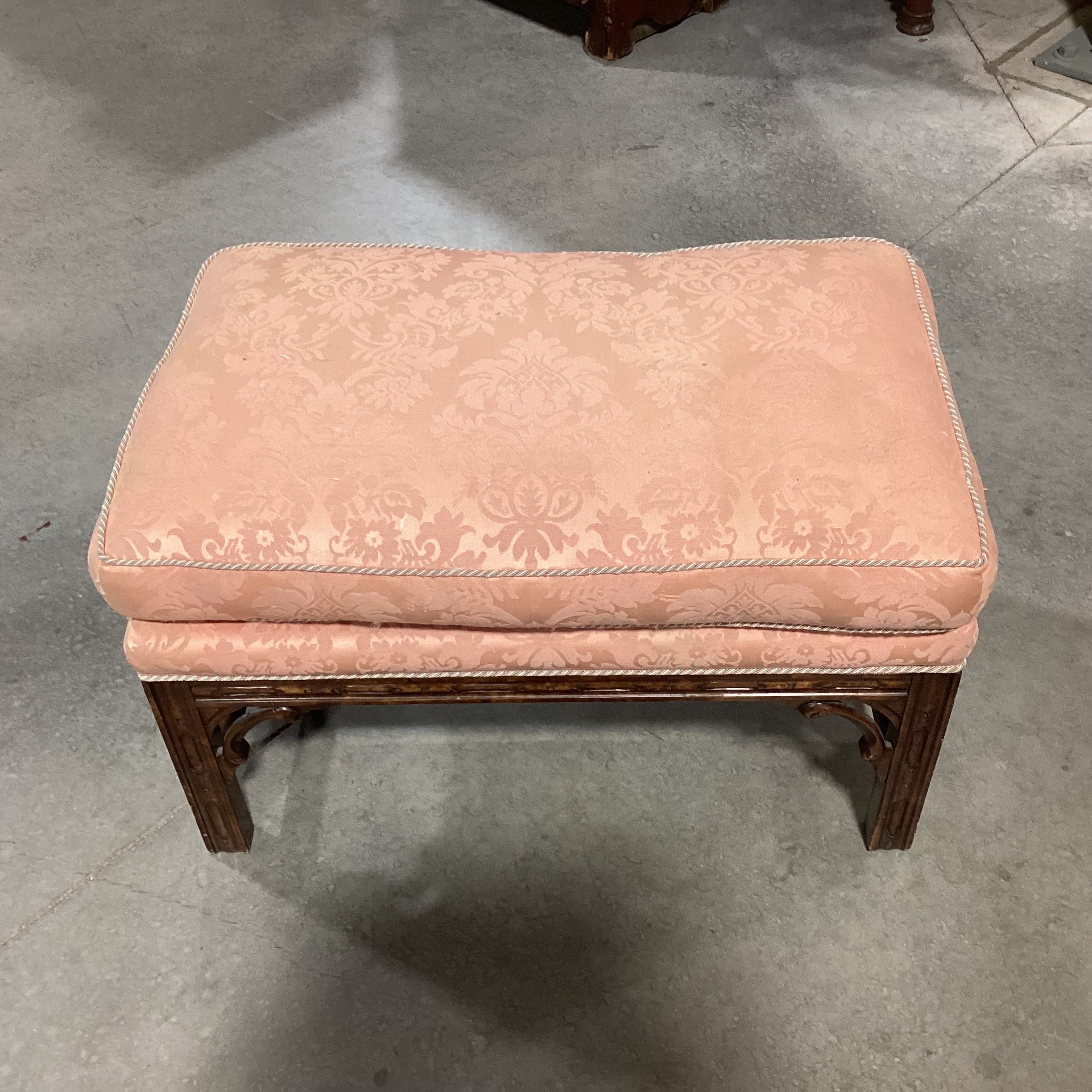 Minton Spidell Vintage Carved Wood Ornate Detail Coral Floral Satin Down with Ottoman Chair