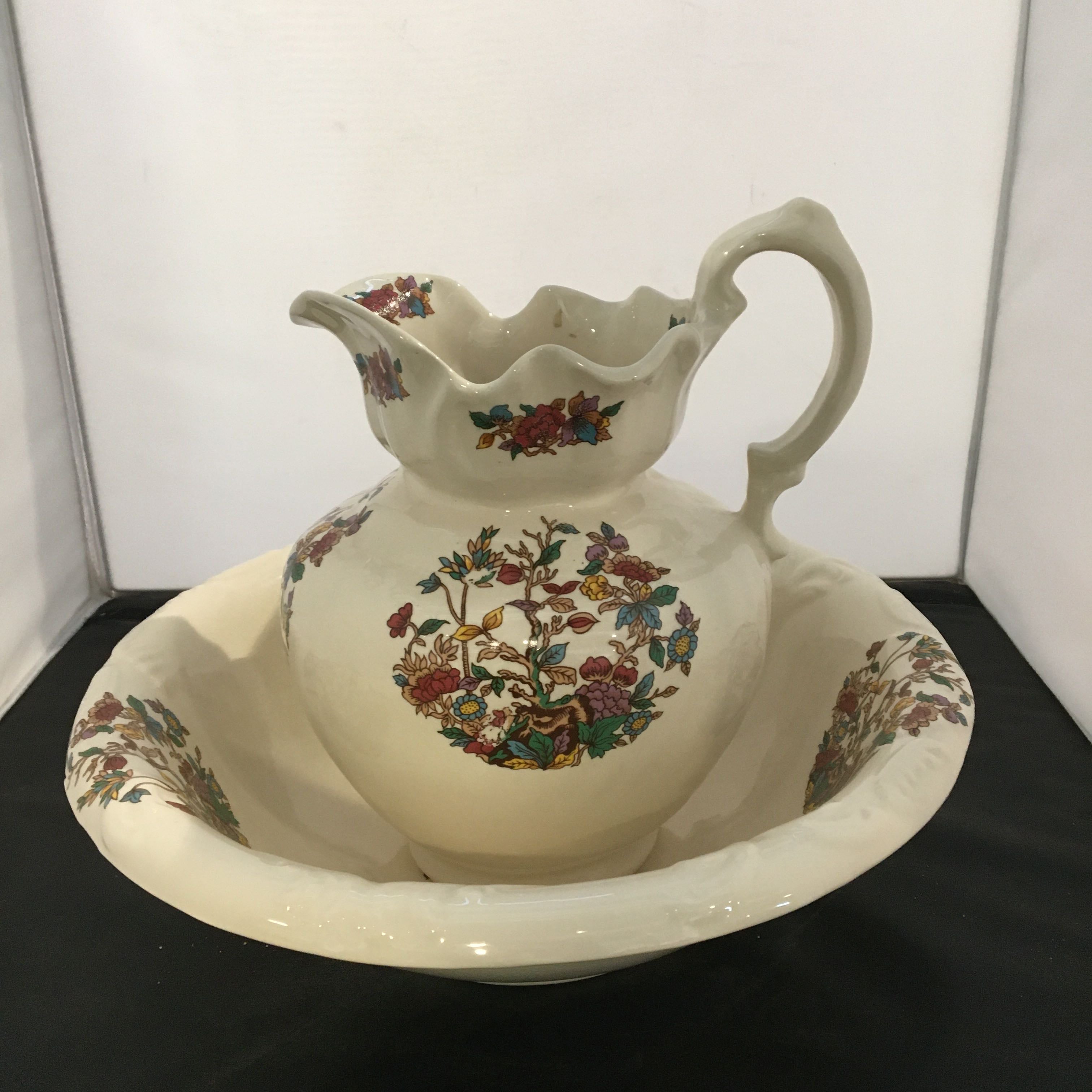 Antique Ironstone Pitcher with Water Basin Made in England