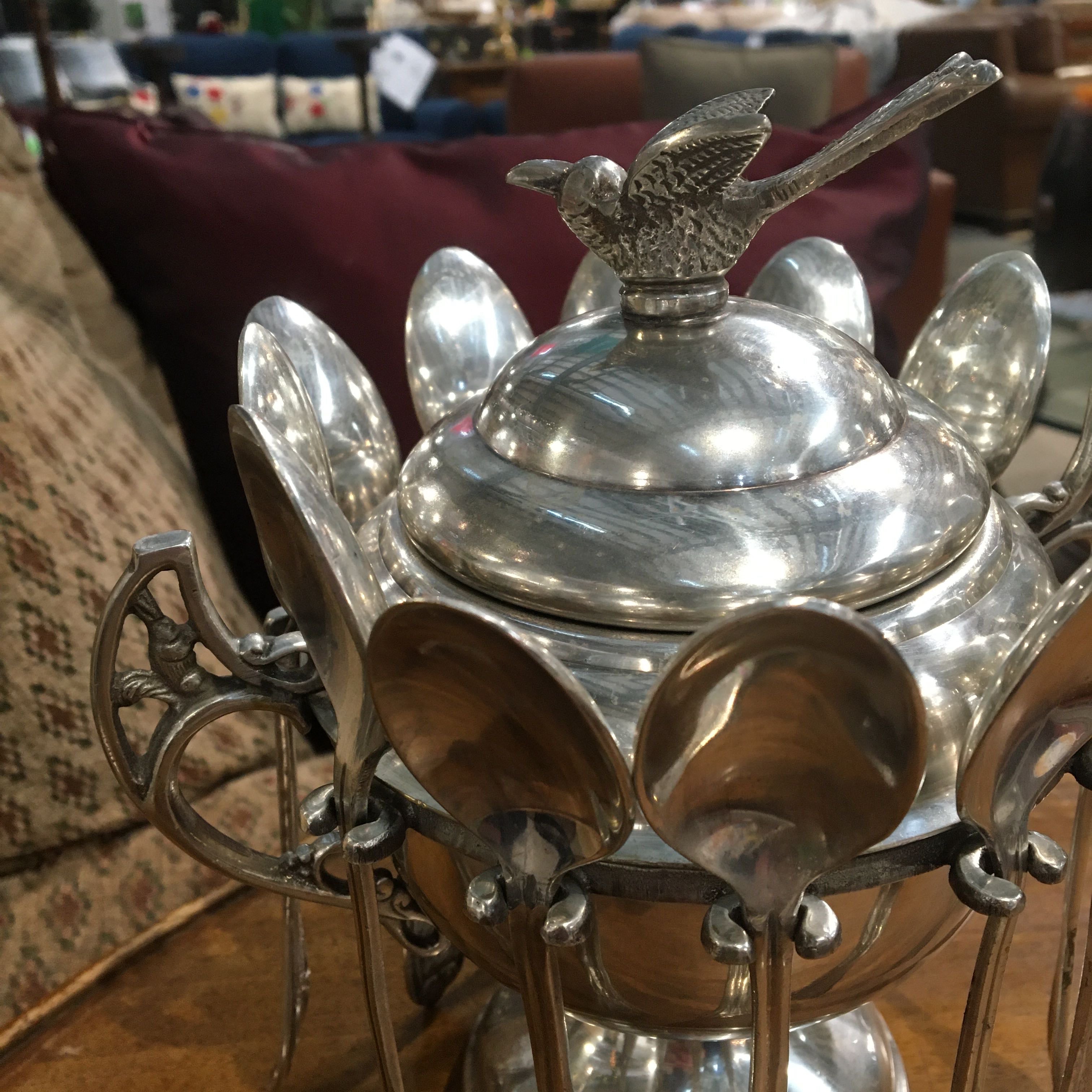 Antique Victorian Silver Plate Bird Tip Bunny Handles Spooner Sugar Bowl with 12 Spoons Kitchenware
