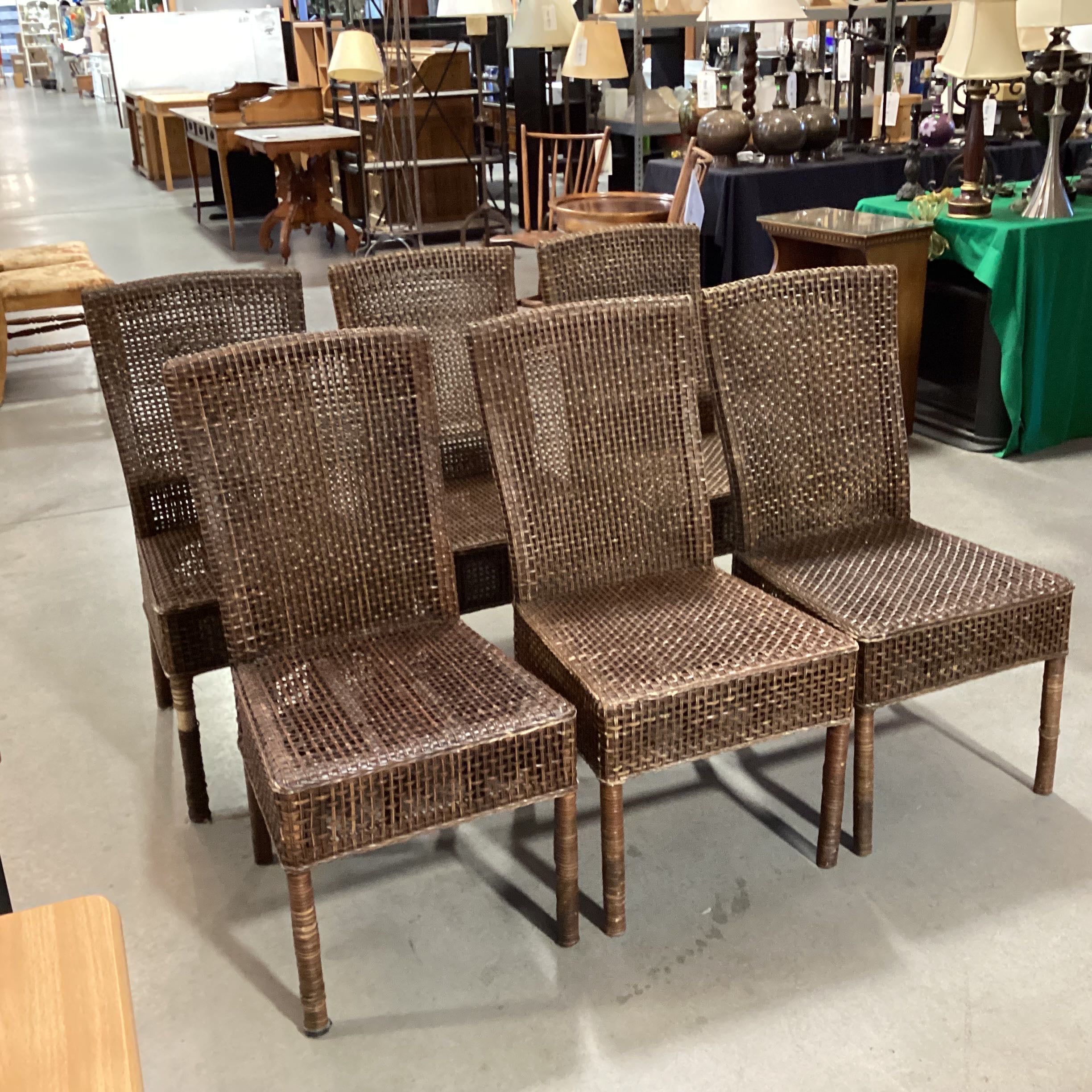 Set of 6 Wood and Wicker Woven Dining Chairs